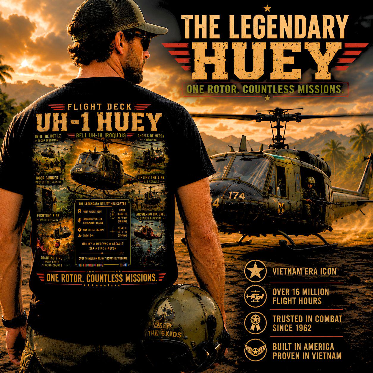 UH-1 Huey Helicopter T-Shirt | Military Aircraft Flight Deck Graphic