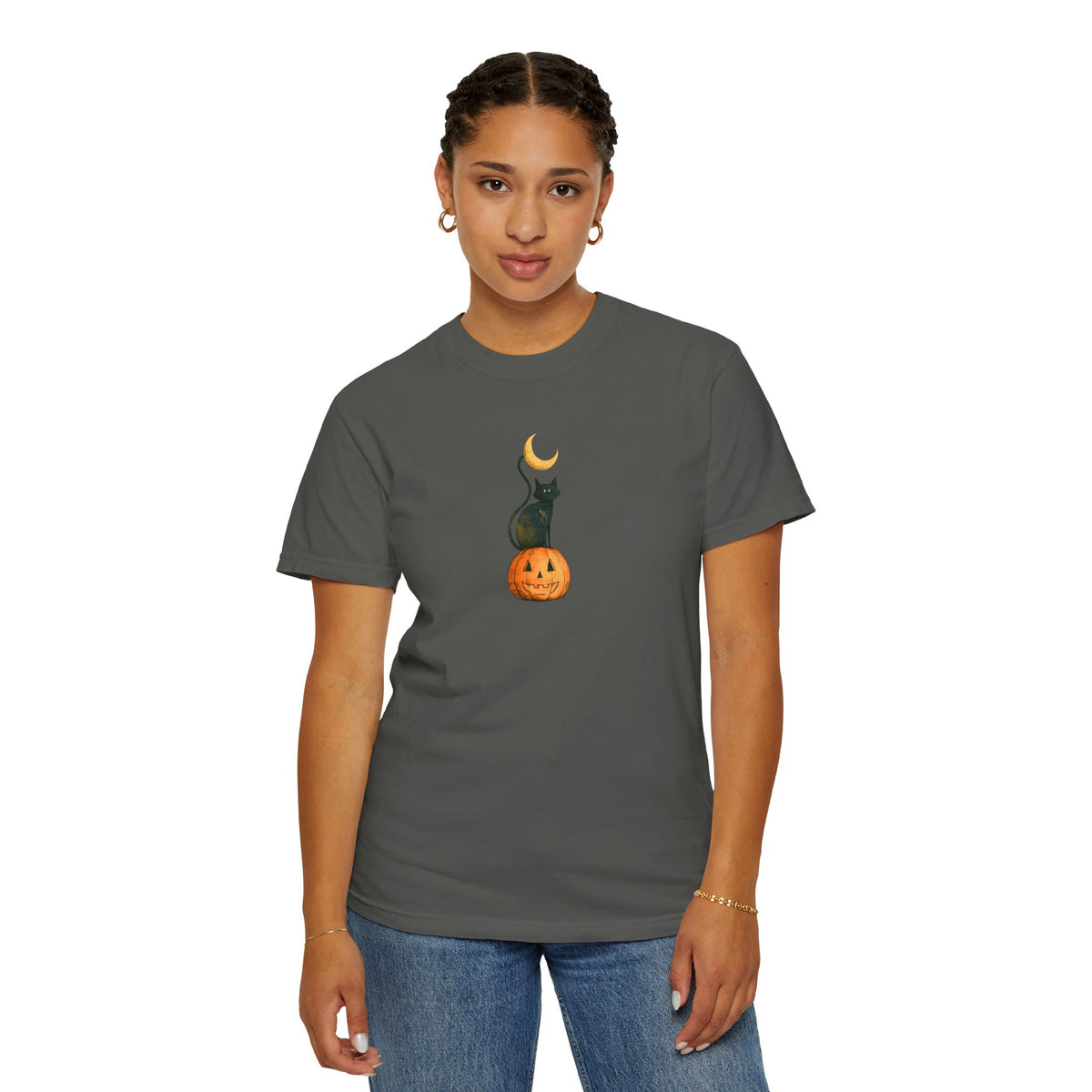Black Cat on Jack-o'-Lantern T-Shirt | Crescent Moon Halloween Tee