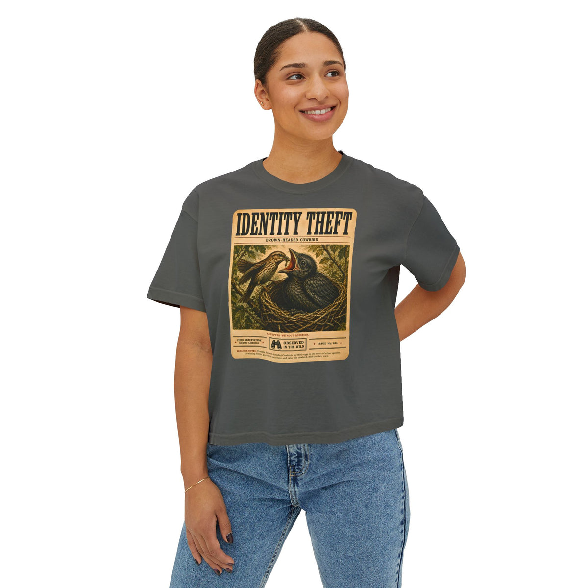 Identity Theft Boxy Tee | Cowbird Birdwatching Shirt | Vintage Nature Graphic Tee | Funny Ornithology Gift | Wildlife Poster