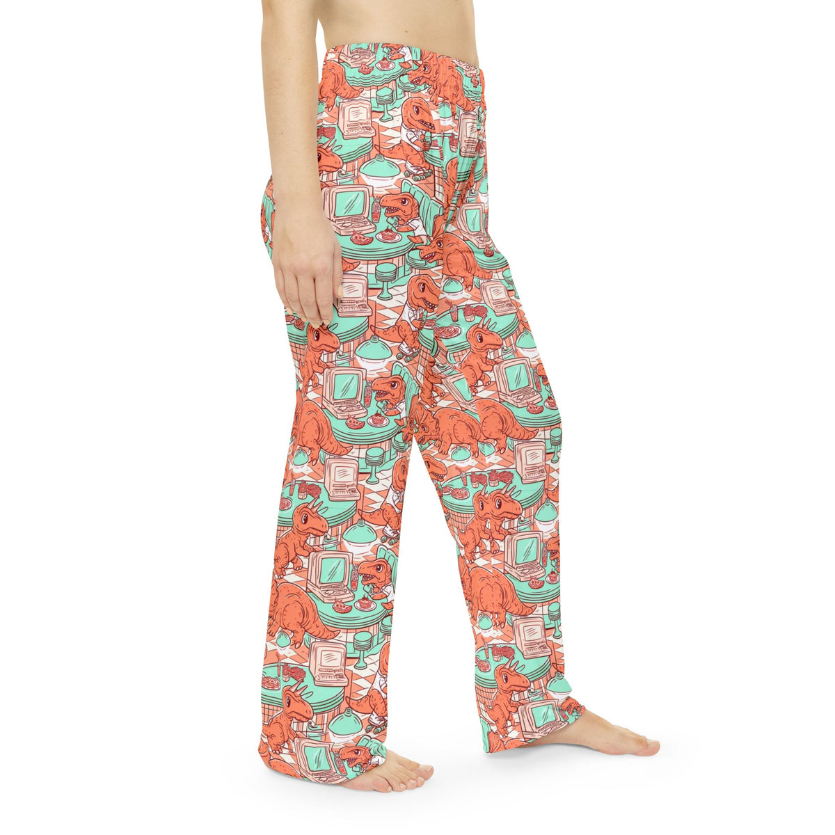 Retro Dinosaur Diner Pajama Pants | Mint Coral Vintage Print