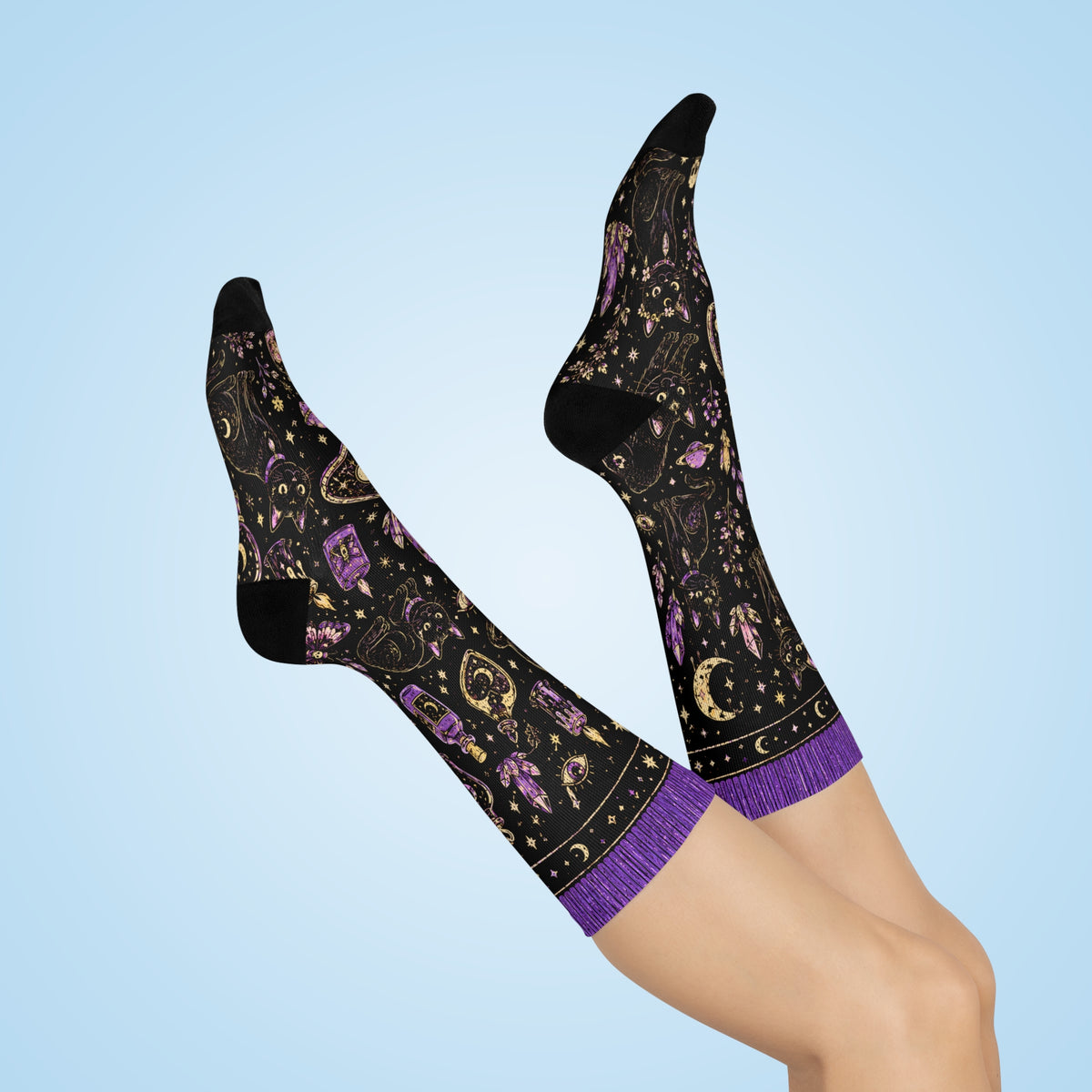 Black Cat Magic Crew Socks | Witchy Moon, Crystals & Candles