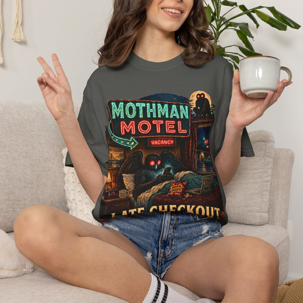 Mothman Motel Late Checkout T-Shirt | Cryptid Retro Horror Art