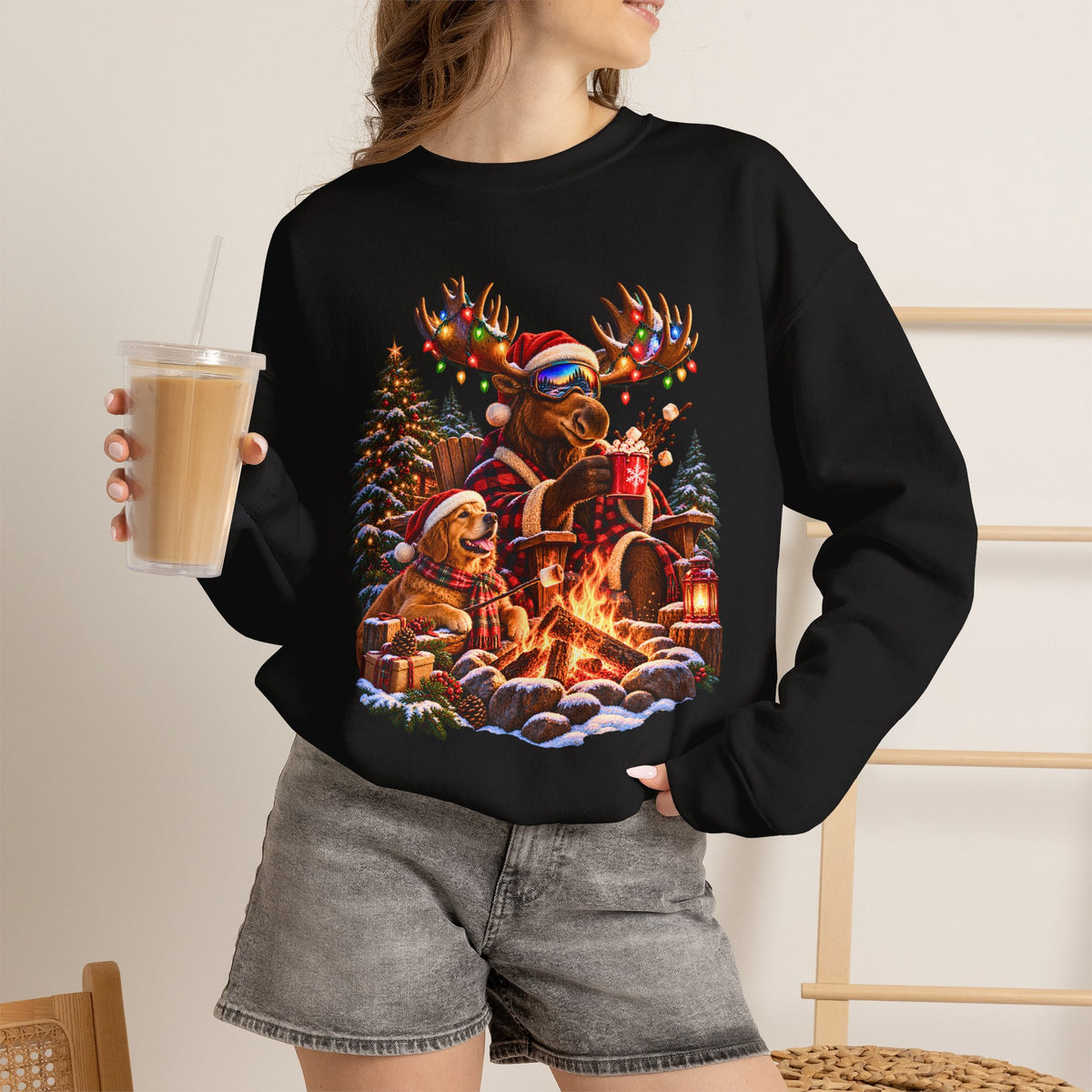 Christmas Moose Sweatshirt, Golden Retriever Christmas Crewneck, Cozy Holiday Campfire, Funny Winter Animal Gift