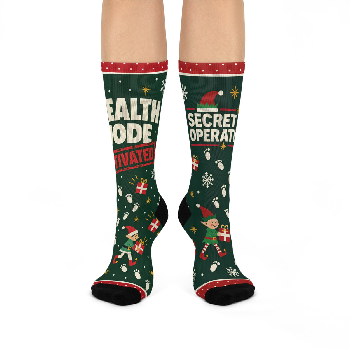 Secret Elf Operations Christmas Socks, Funny Holiday Crew Socks, Christmas Elf Helper Gift for Mom Dad, Nighttime Elf Moving Tradition