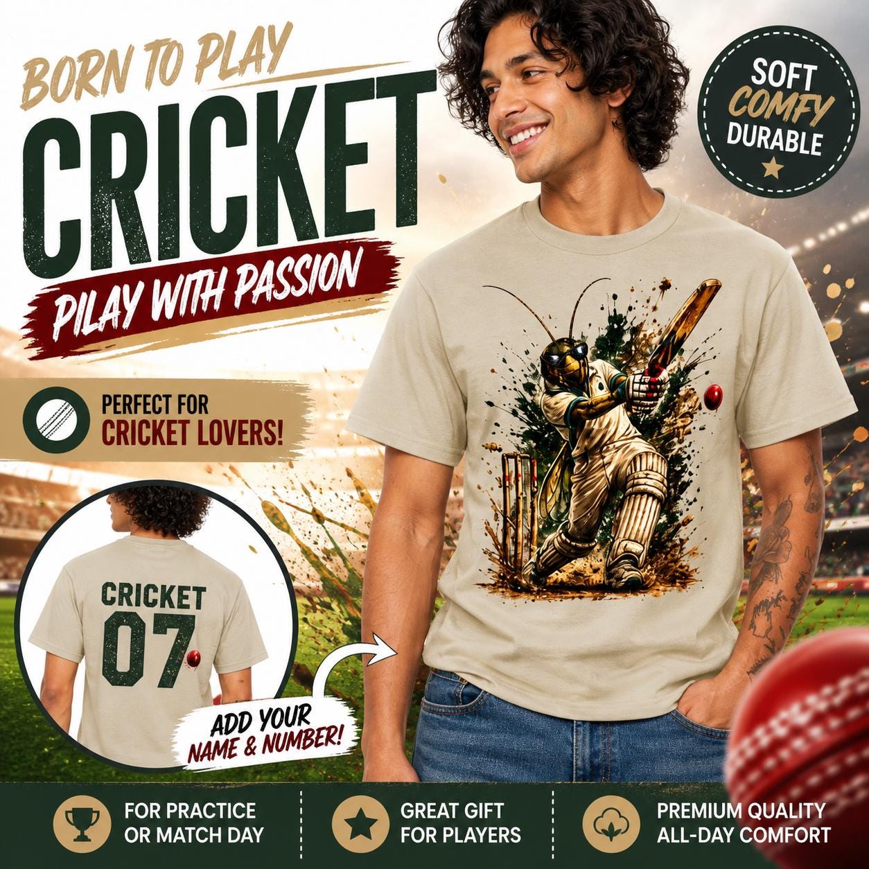 Cricket Playing Cricket Shirt | Funny Insect Athlete Tee | Badass Cricket Player Graphic | Sports Humor Shirt | Unique Gift Idea