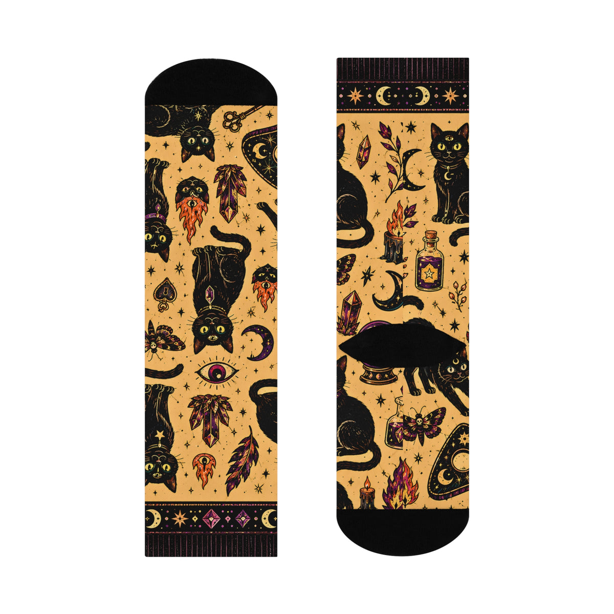 Black Cat Pattern Cushioned Crew Socks | Witchy Moon and Flame Motifs