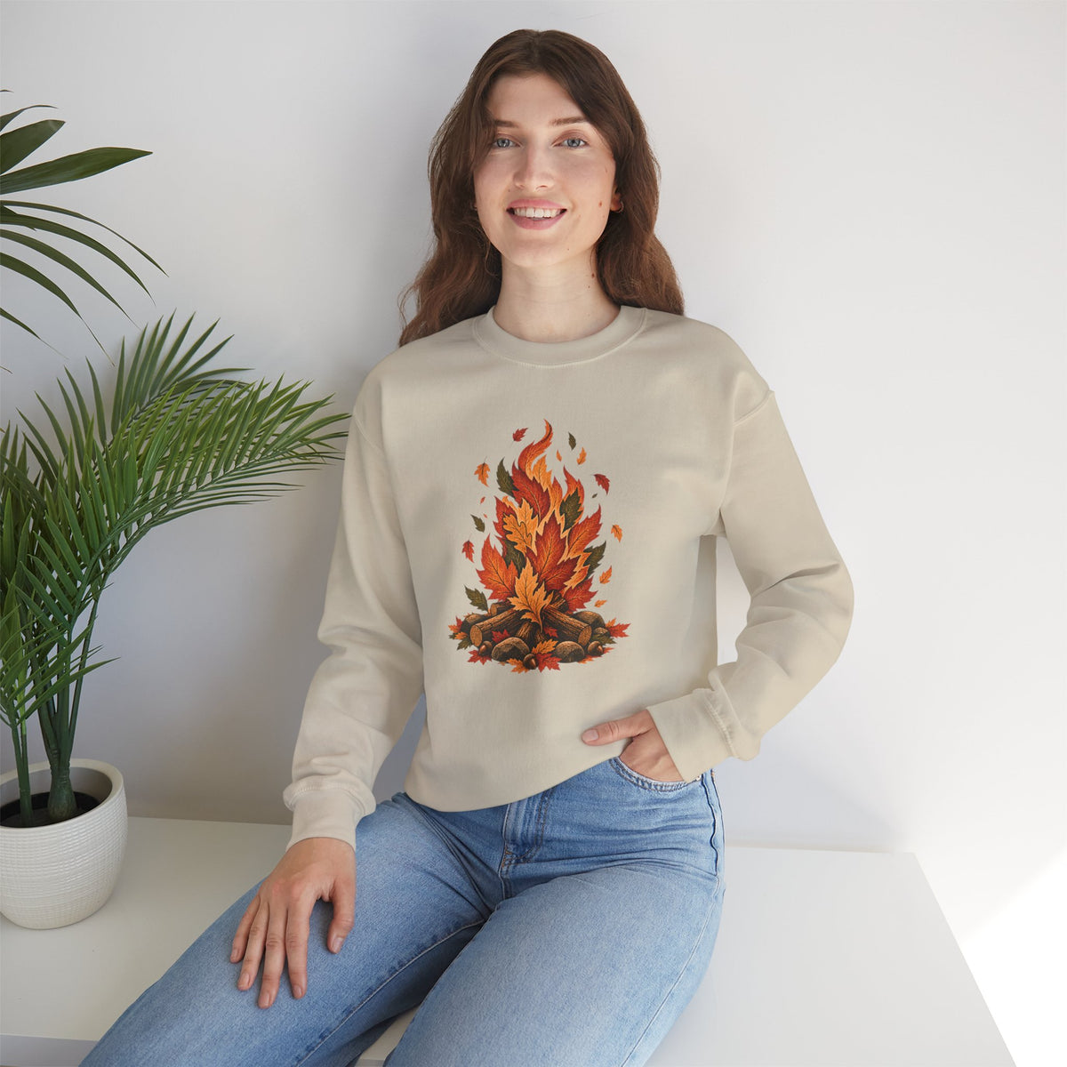 Autumn Leaf Bonfire Sweatshirt, Fall Leaves Campfire Crewneck, Cozy Fall Sweatshirt, Vintage Nature Shirt, Camping Pullover