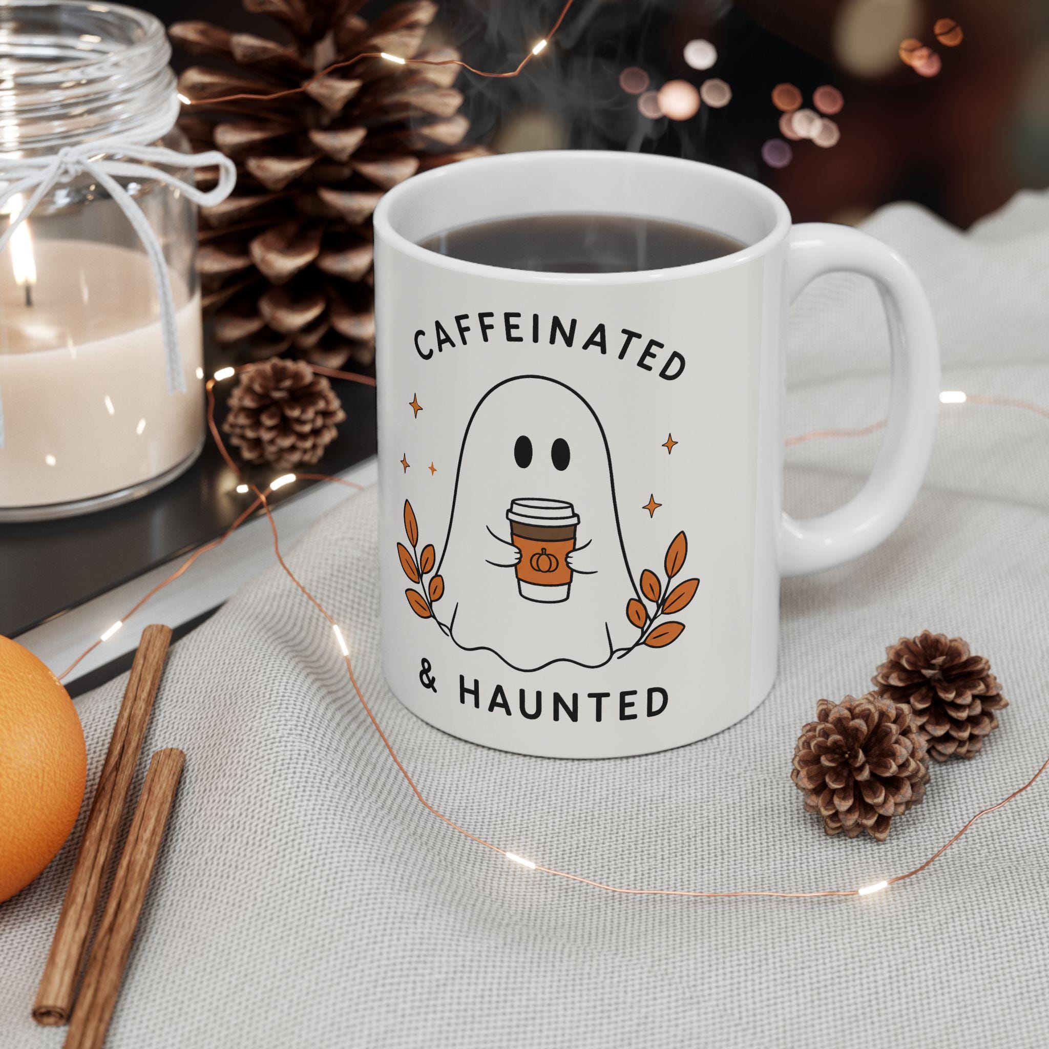 Caffeinated & Haunted Ghost Illustration Mug | Ceramic Coffee Cup
