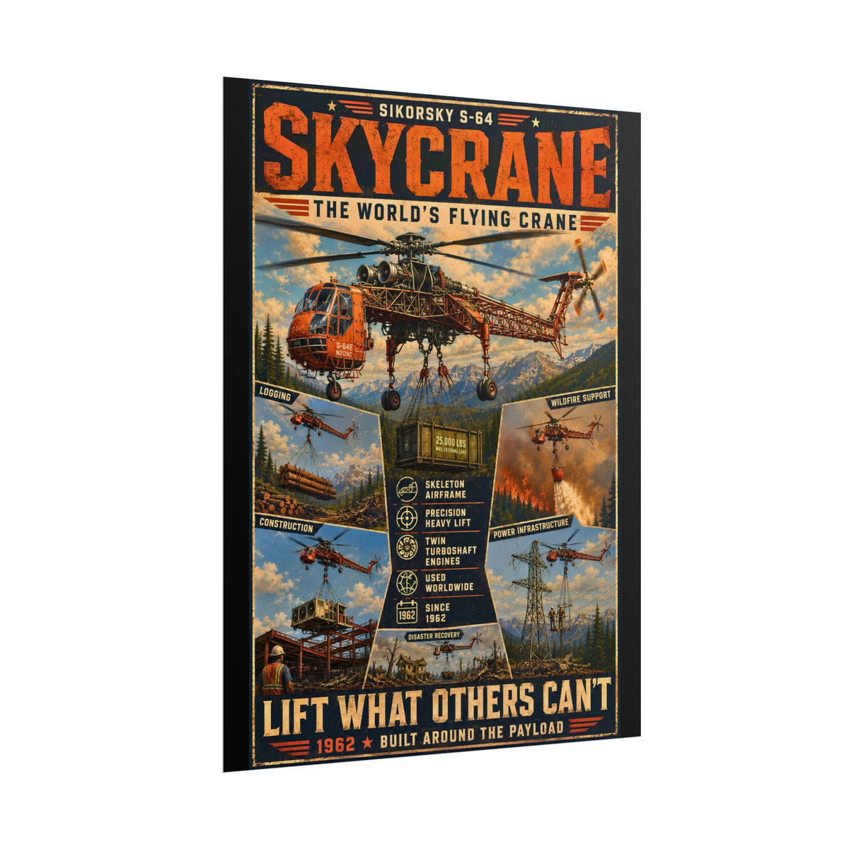 Skycrane Sikorsky S-64 Poster rolled poster | Heavy Lift Helicopter Vintage Art