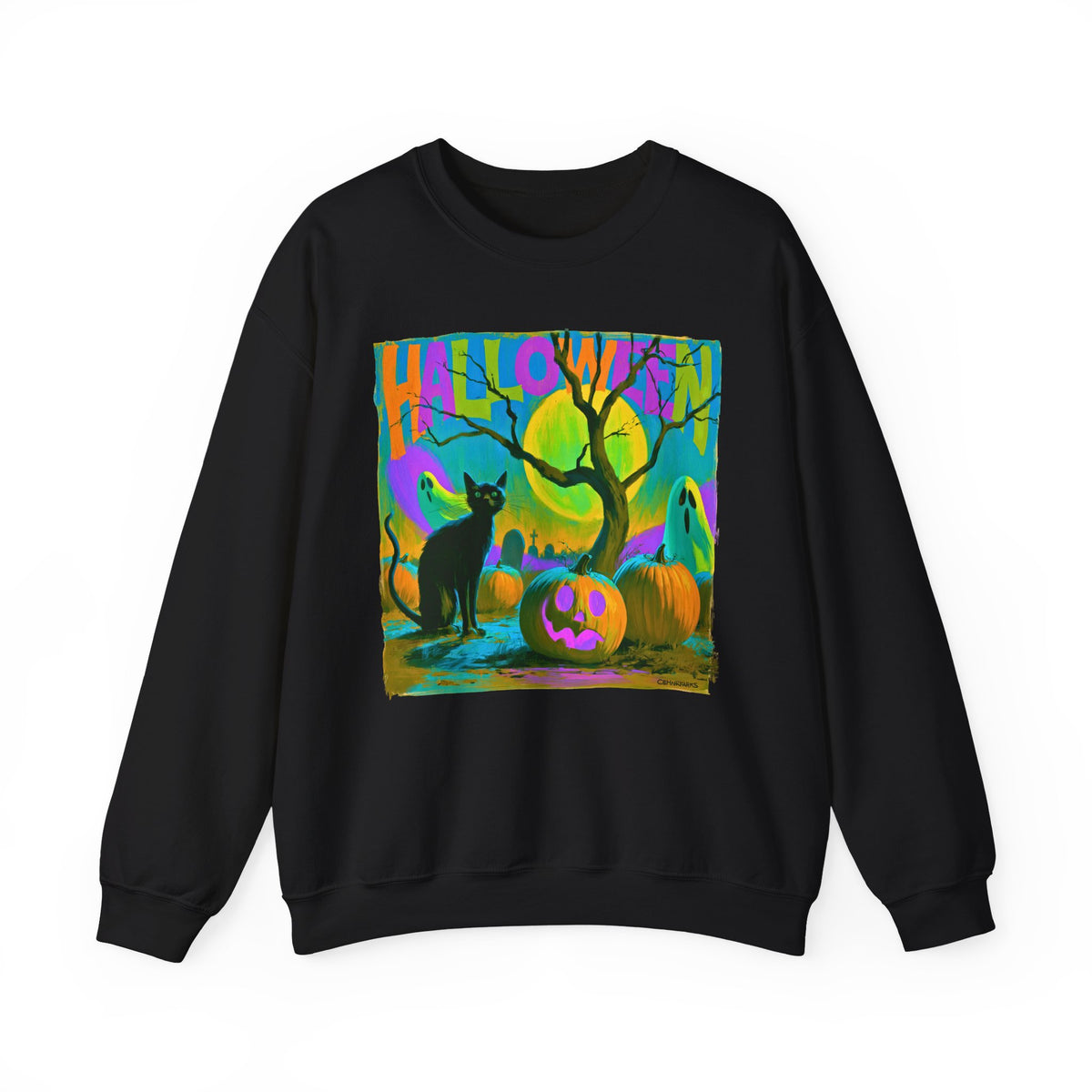 Colorful Halloween Sweatshirt, Black Cat Ghost Pumpkin Crewneck, Neon Spooky Halloween Shirt, Retro Halloween Sweater