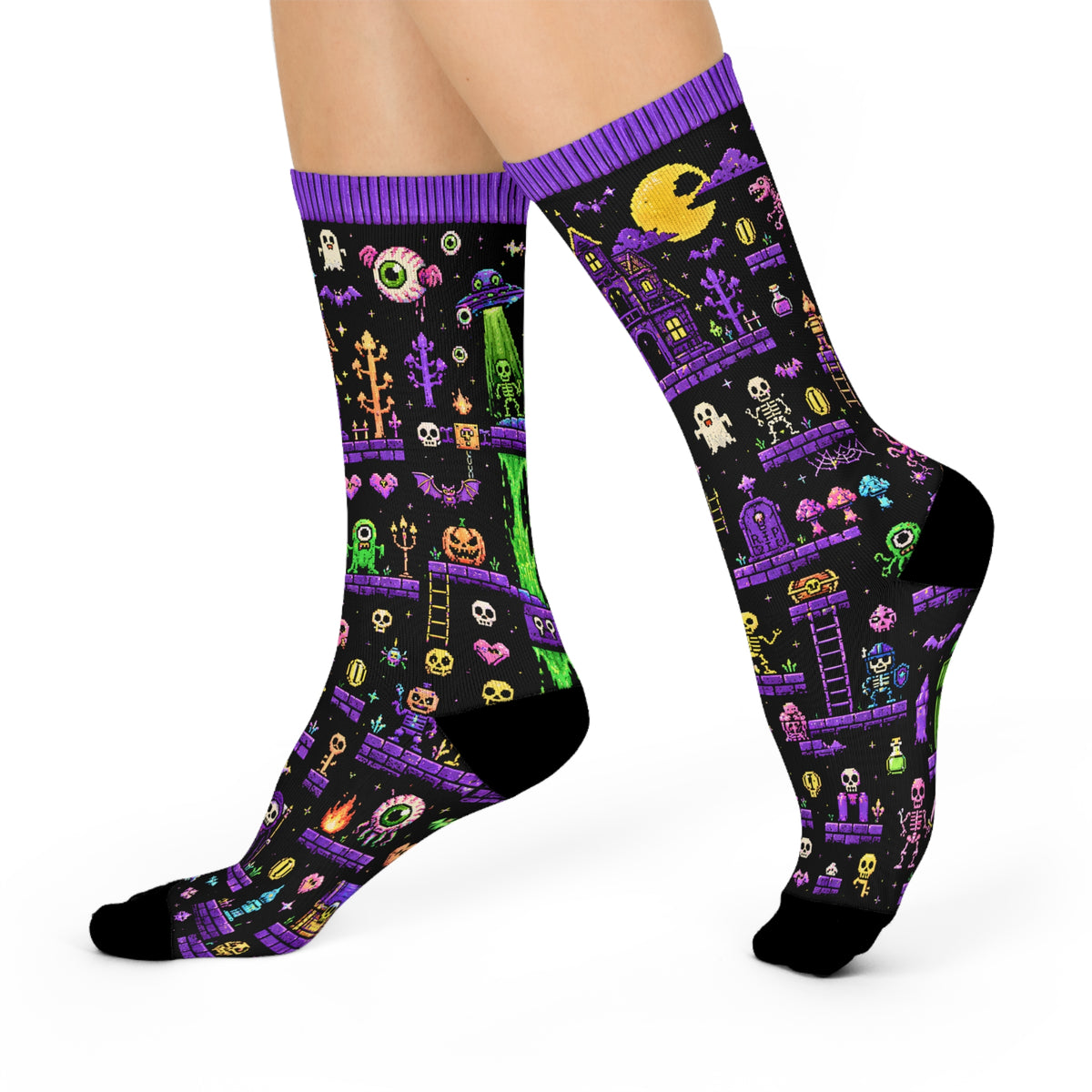 8-Bit Halloween Crew Socks | Retro Pixel Art Spooky Socks | Ghost Skeleton Haunted House UFO Gamer Socks | Neon Gothic Cushion Crew Socks