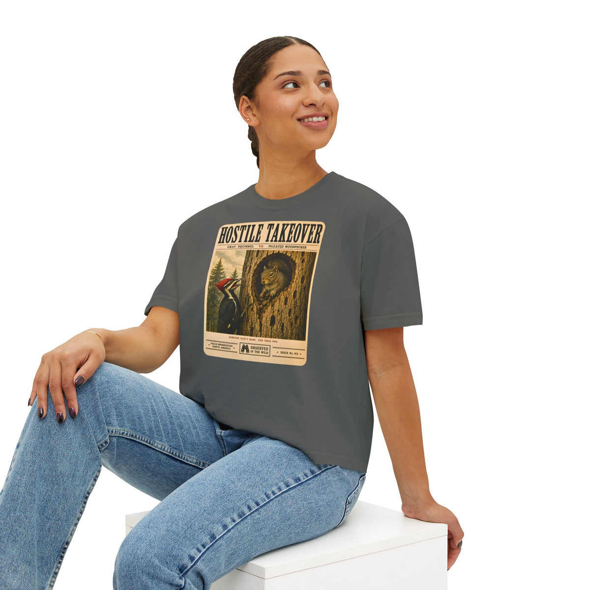 Hostile Takeover Boxy Tee | Woodpecker & Squirrel Shirt | Funny Birdwatching Graphic Tee | Vintage Nature Poster | Wildlife Gift