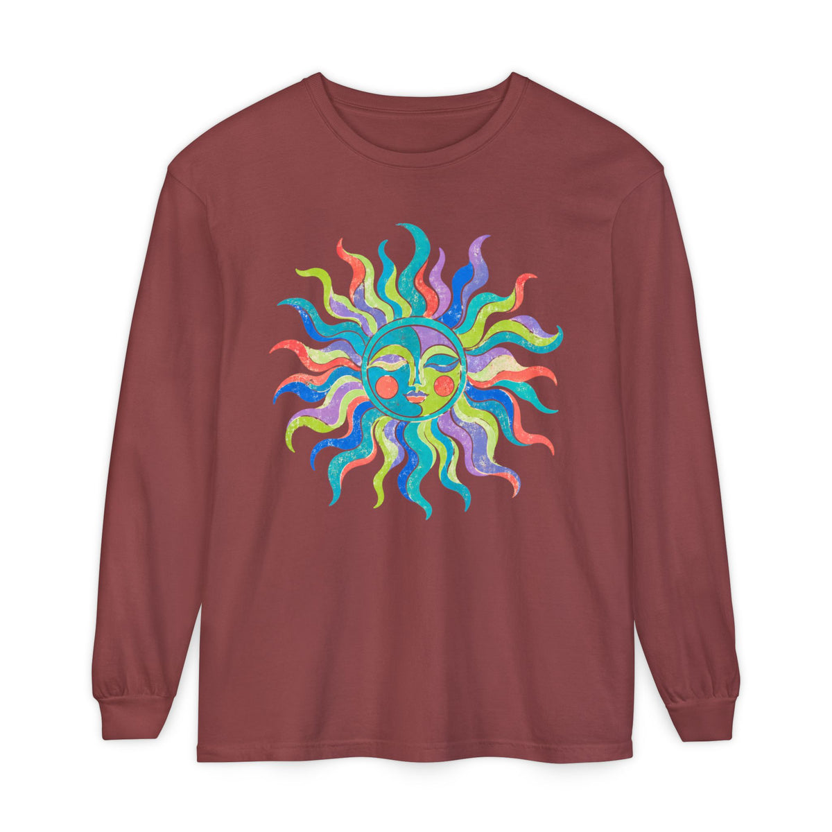 Colorful Sun Long Sleeve Shirt, Celestial Sun Face Tee, Retro Folk Art Shirt, Whimsical Boho Graphic Top