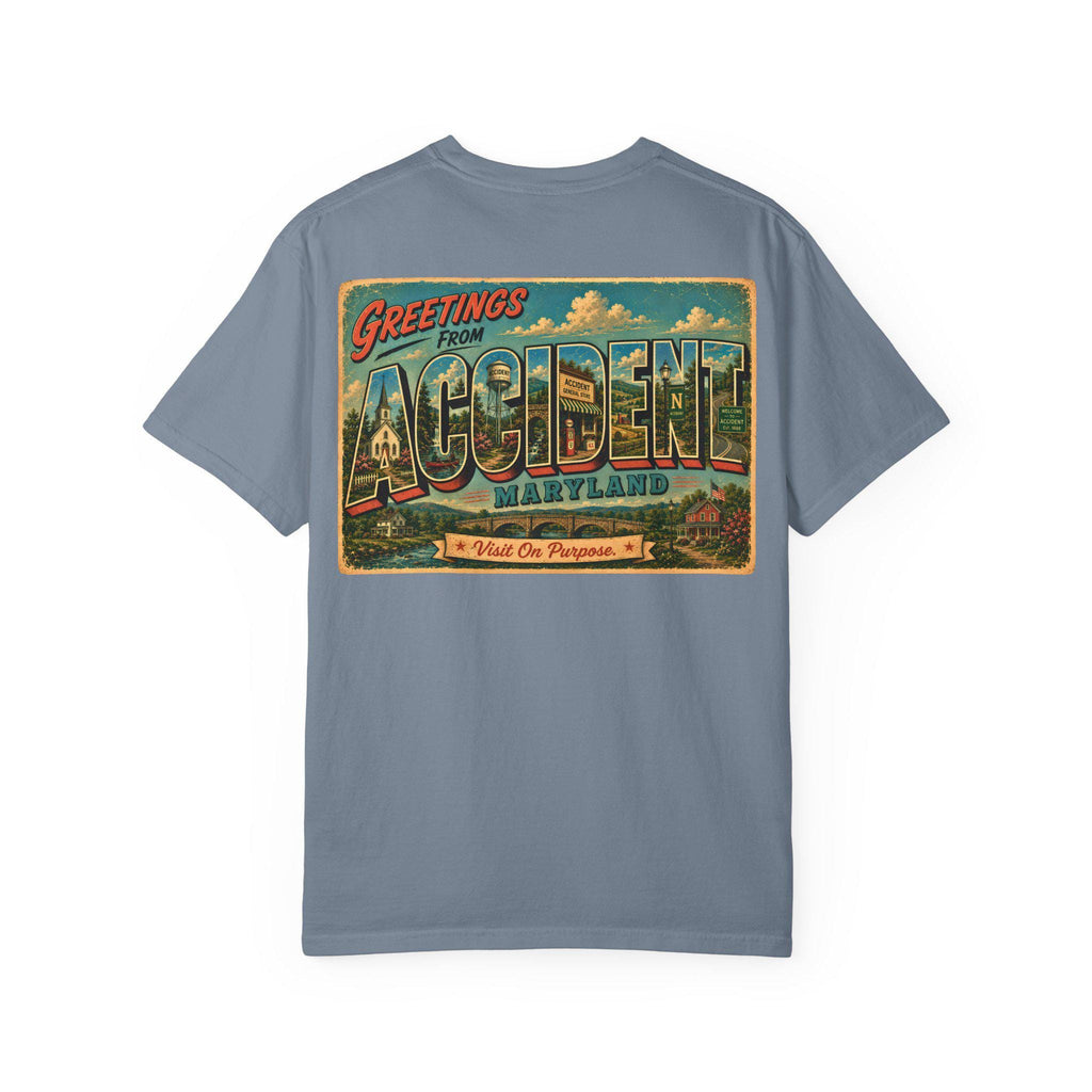 Greetings From Accident Maryland Postcard Graphic Tee, Vintage Small Town Souvenir Shirt