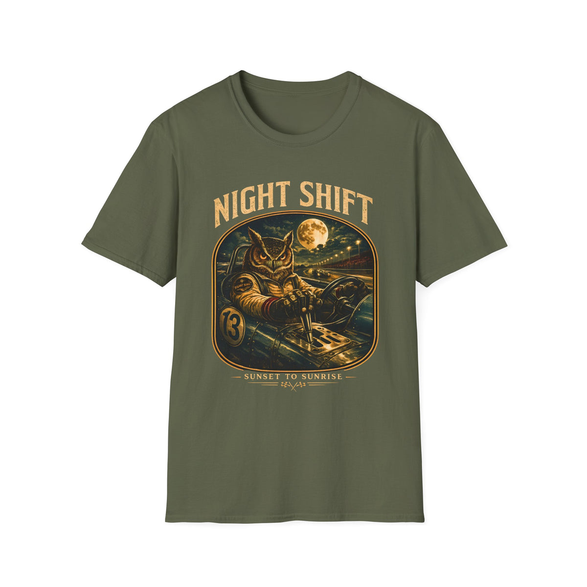 Night Shift Racing Shirt, Owl Race Car Tee, Vintage Motorsport, Sunset To Sunrise Graphic, Night Owl Racing, Retro Racing Gift