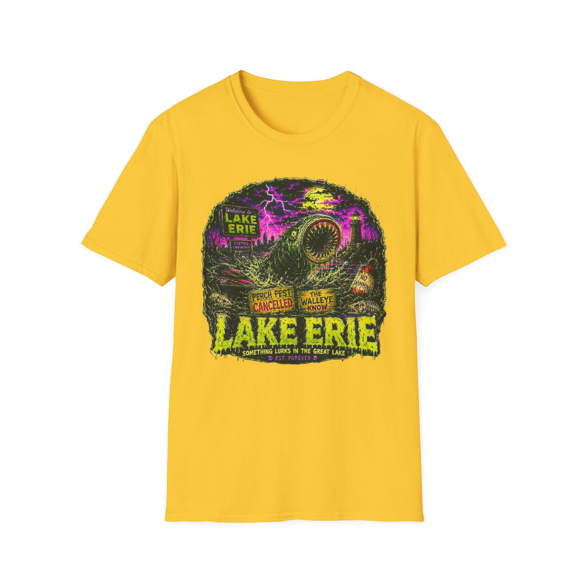 Lake Erie Cryptid Horror Graphic, Midwest Gothic Monster Apparel, Walleye Know Retro Tourism Design, Analog Horror Streetwear