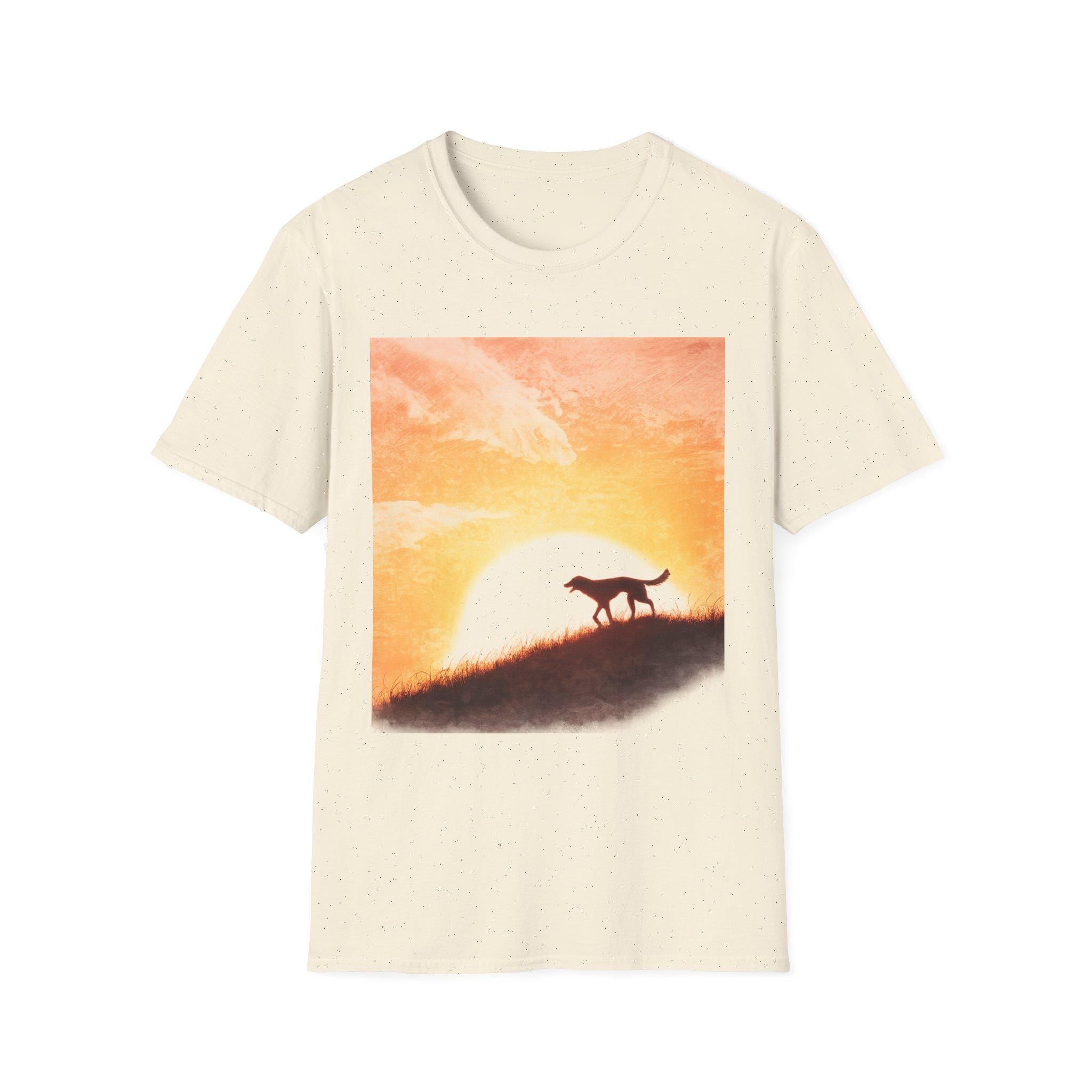 Dog Silhouette Sunset Landscape Tee, Unisex Softstyle Nature Shirt