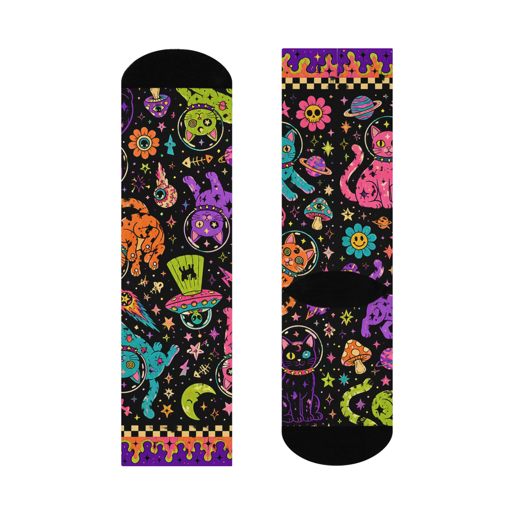 Neon Space Cats Crew Socks | Alien Cat Astronauts, Planets & Stars