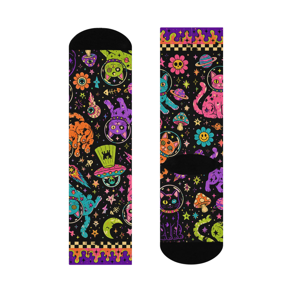 Neon Space Cats Crew Socks | Alien Cat Astronauts, Planets & Stars