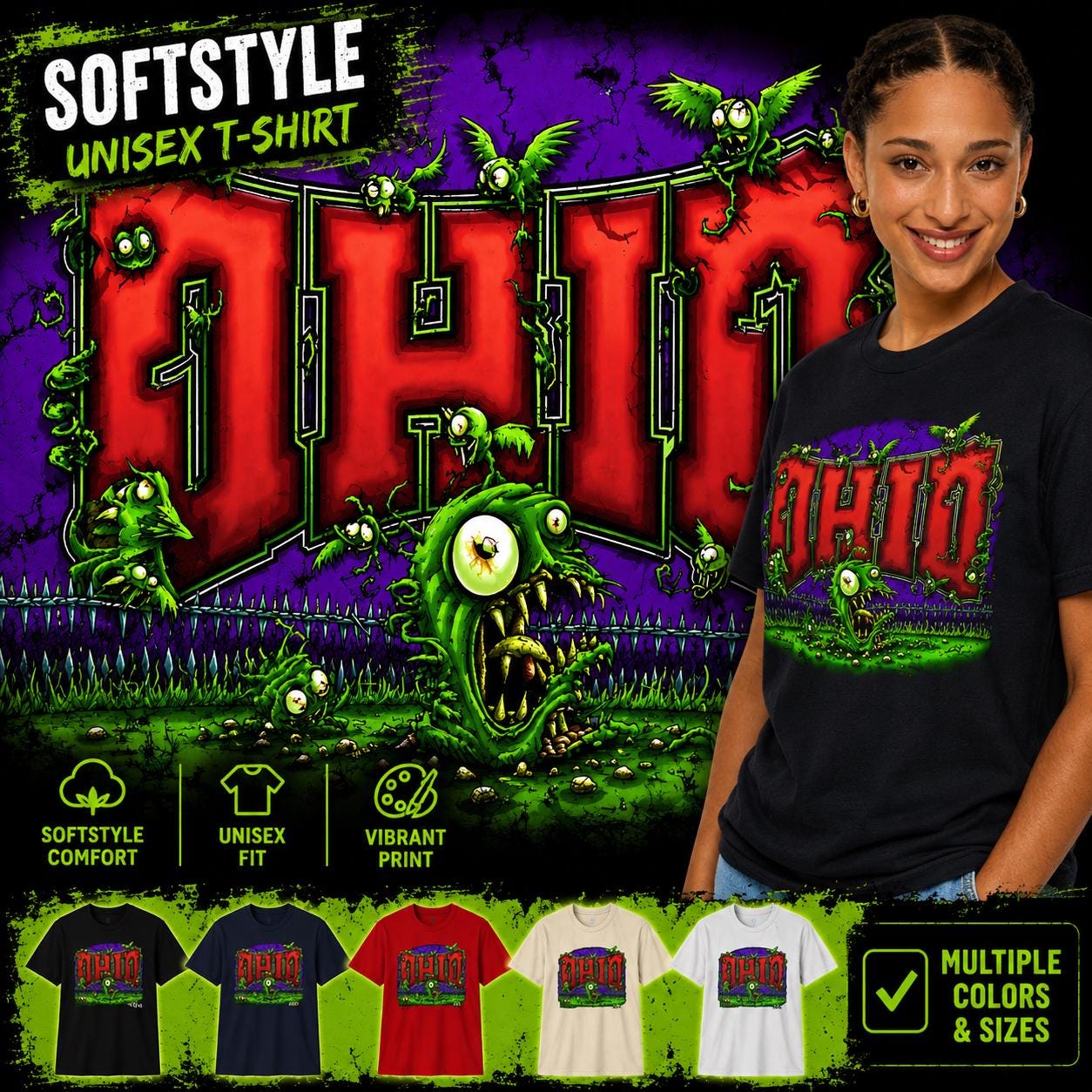 Ohio Neon Horror Graphic Monster Shirt
