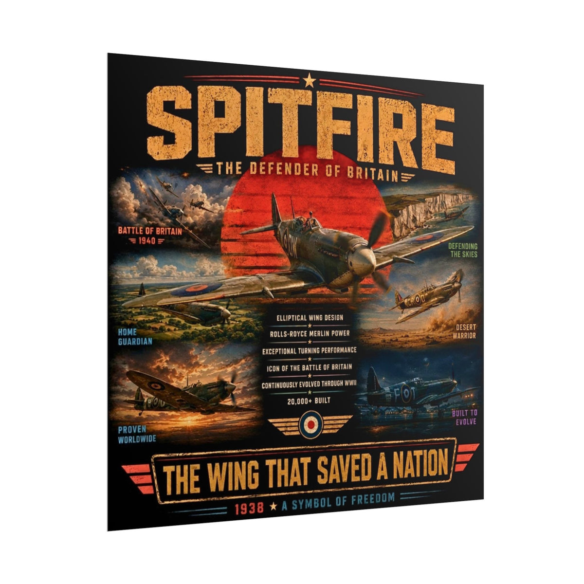 Supermarine Spitfire WWII Aviation Poster, British Fighter Plane Wall Art, Battle of Britain Print, RAF Pilot Gift, Flight Deck Decor