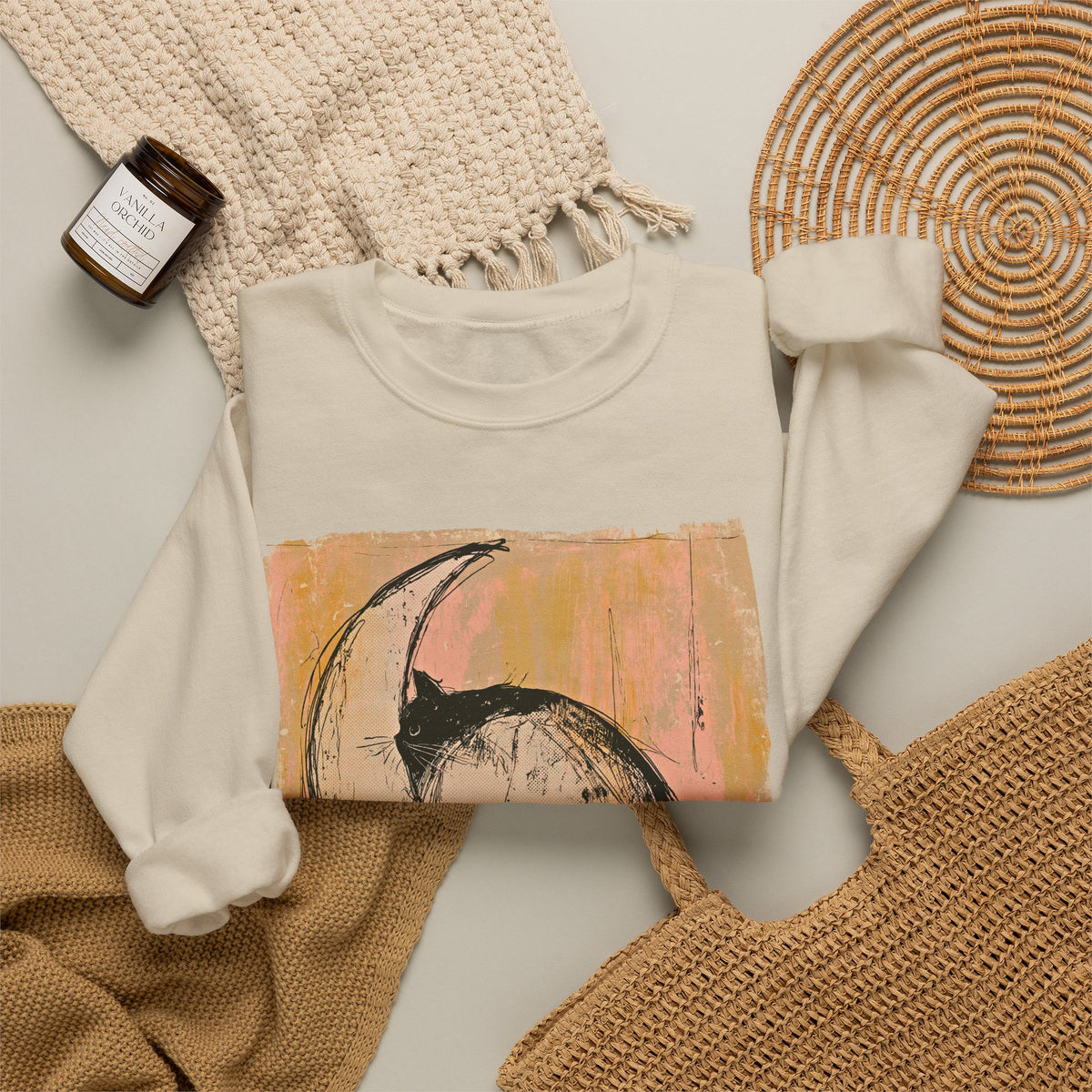 Sketch Moon Cat Crewneck Sweatshirt | Celestial Cat Illustration