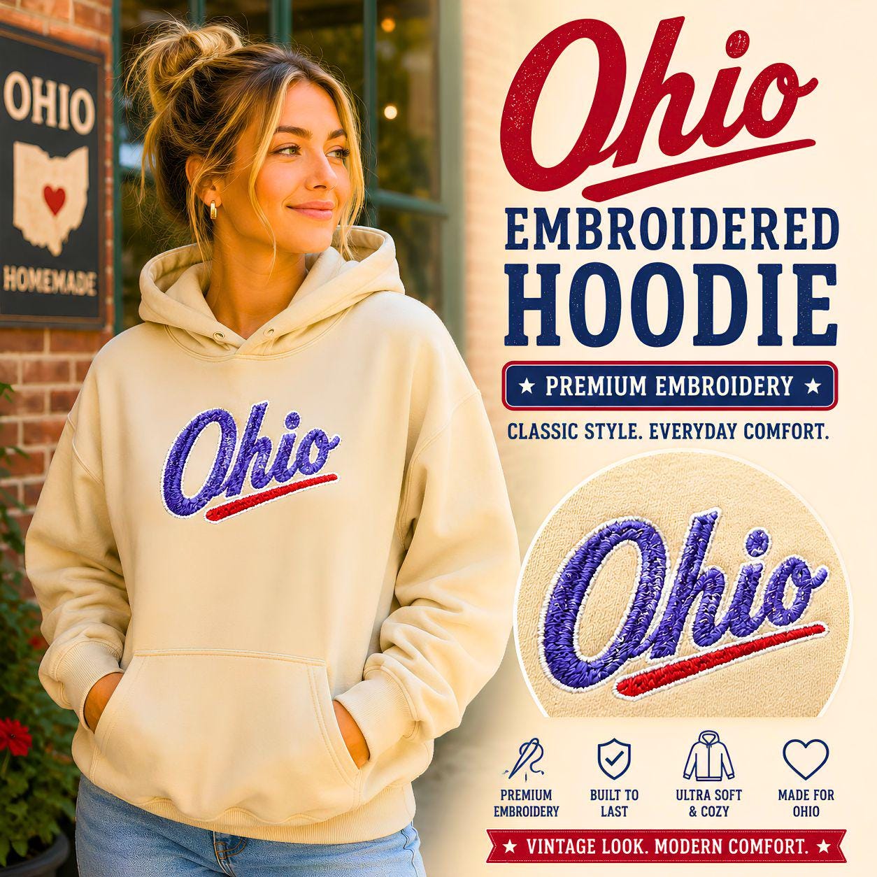 Embroidered Ohio Hoodie | Vintage Script Sweatshirt, Unisex Pullover