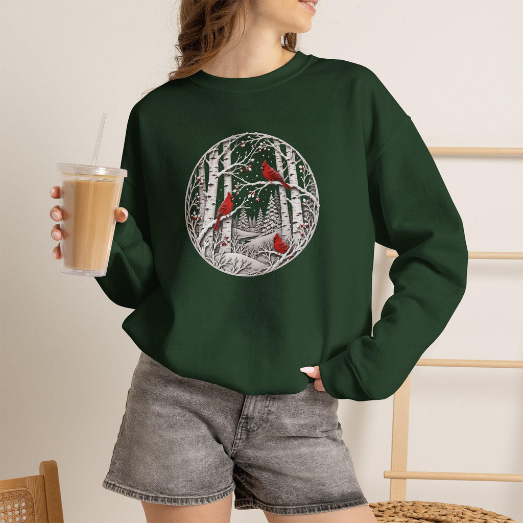 Winter Cardinal Birch Tree Sweatshirt, Snowy Nature Crewneck, Cozy Bird Apparel