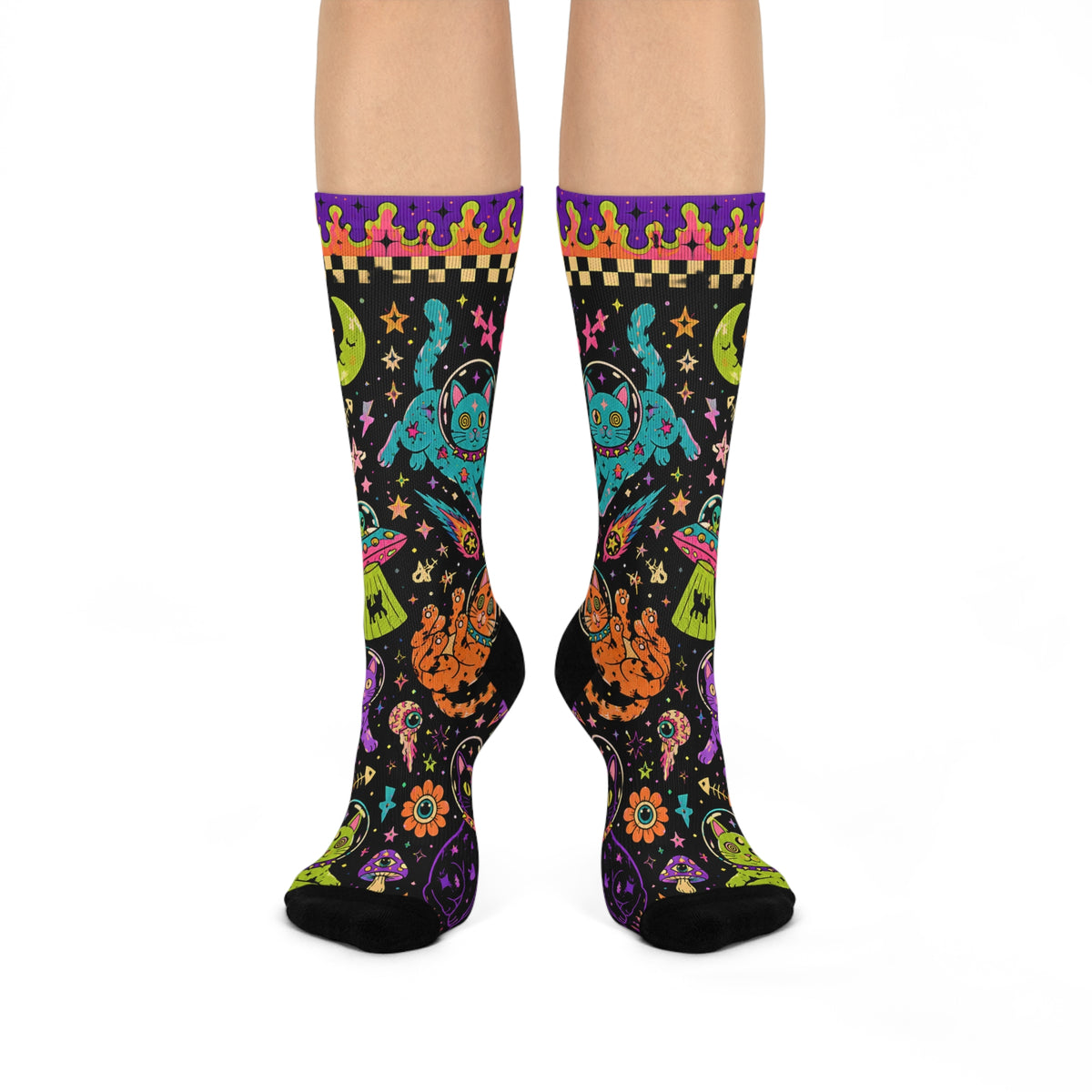 Neon Space Cats Crew Socks | Alien Cat Astronauts, Planets & Stars