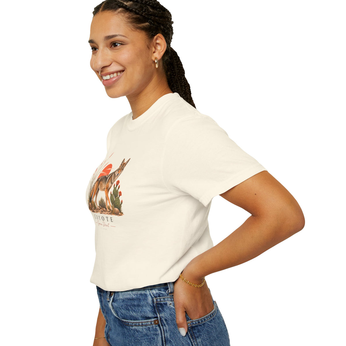 Coyote Sunset Illustration T-Shirt | Desert Plants Wildlife Tee