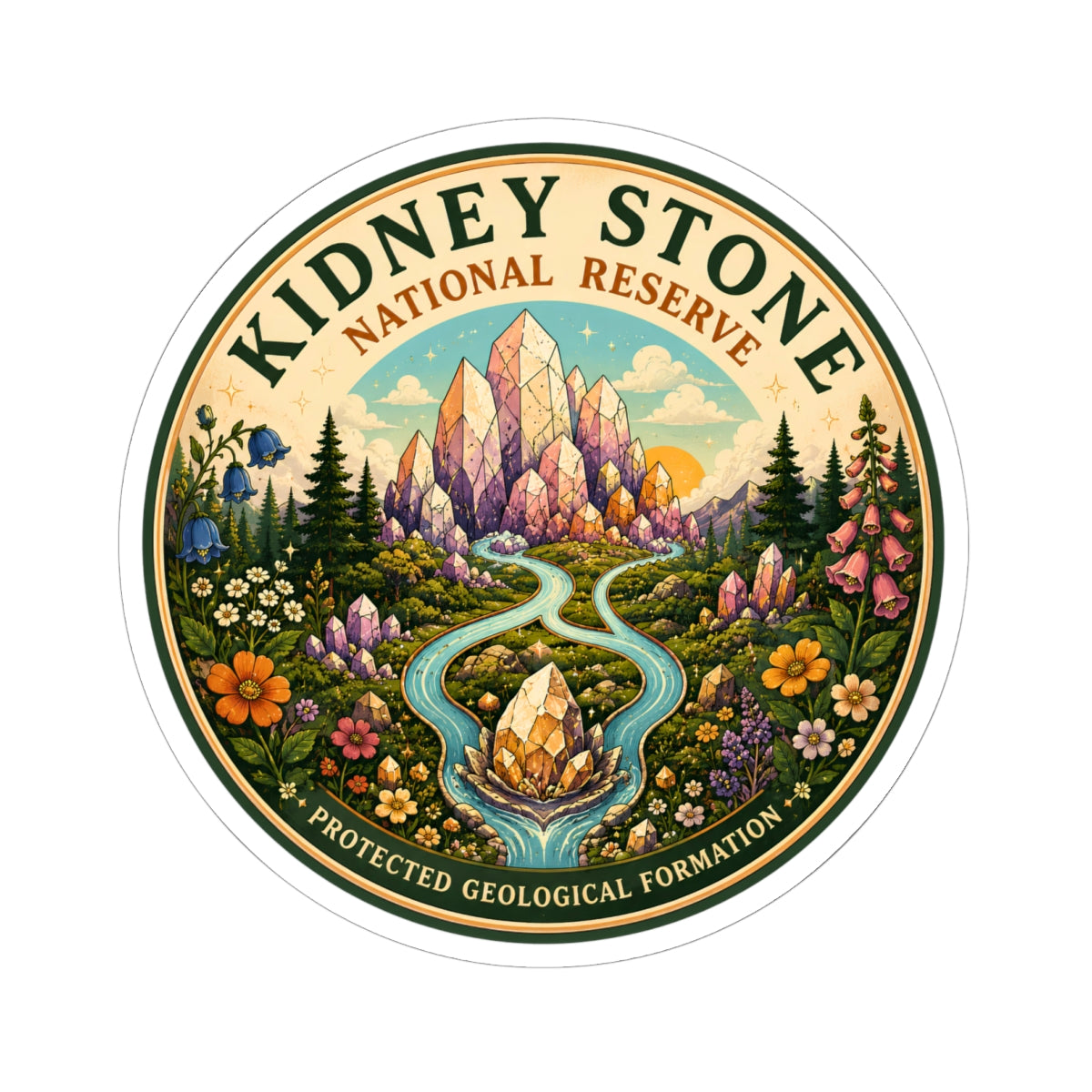Kidney Stone National Reserve sticker | crystal mountain landscape, nature badge