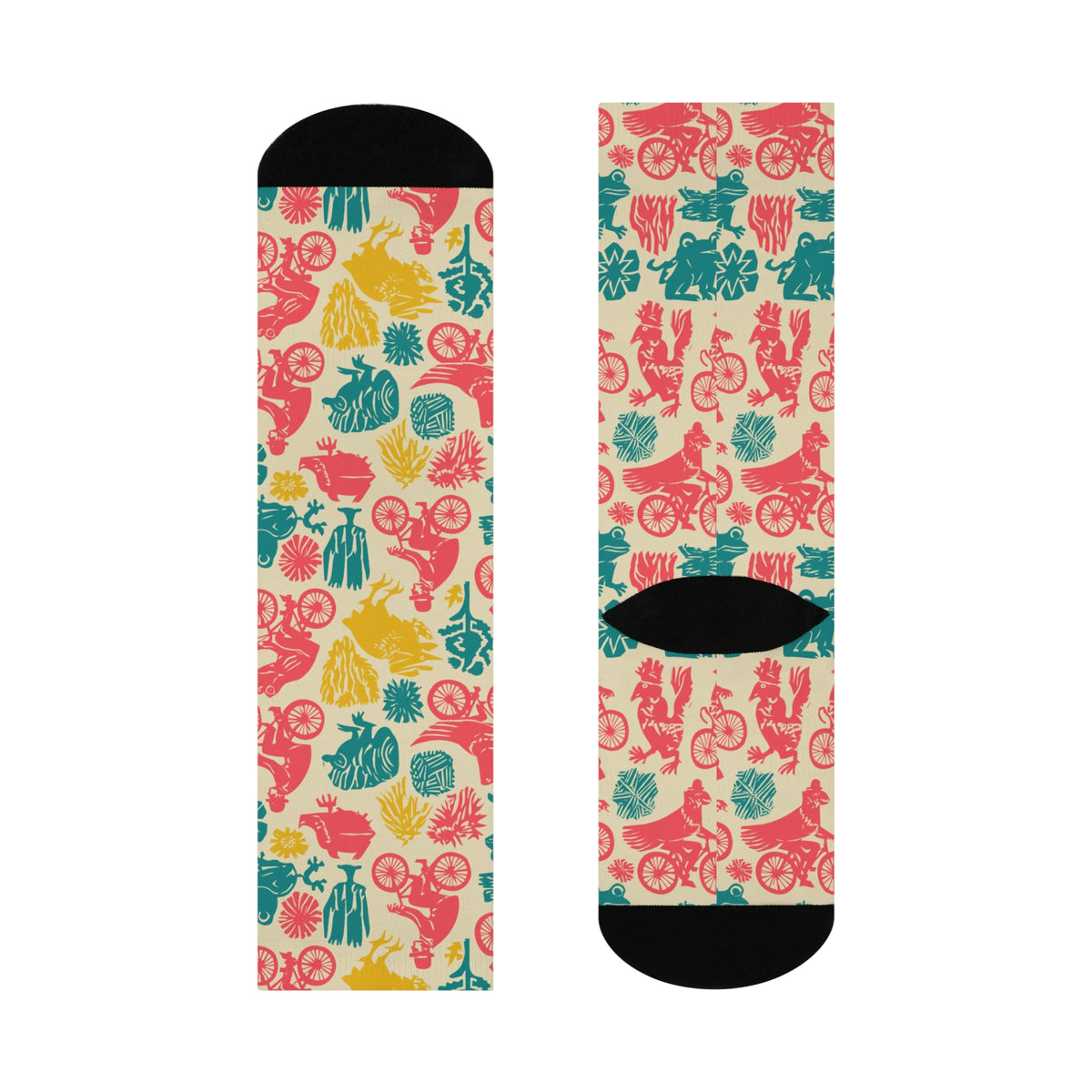 Birds on Bicycles Crew Socks | Retro Roosters & Frogs Print