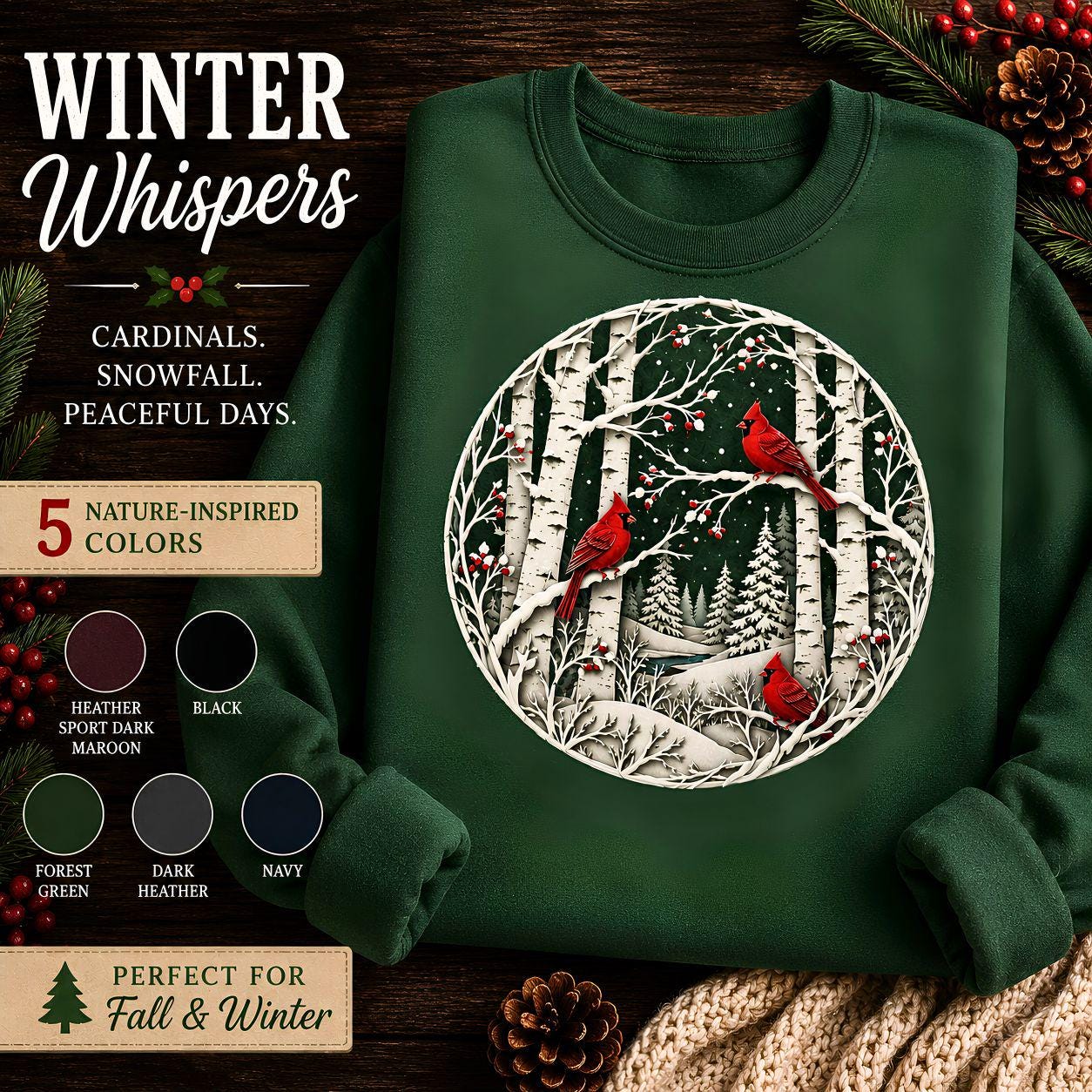 Winter Cardinal Birch Tree Sweatshirt, Snowy Nature Crewneck, Cozy Bird Apparel
