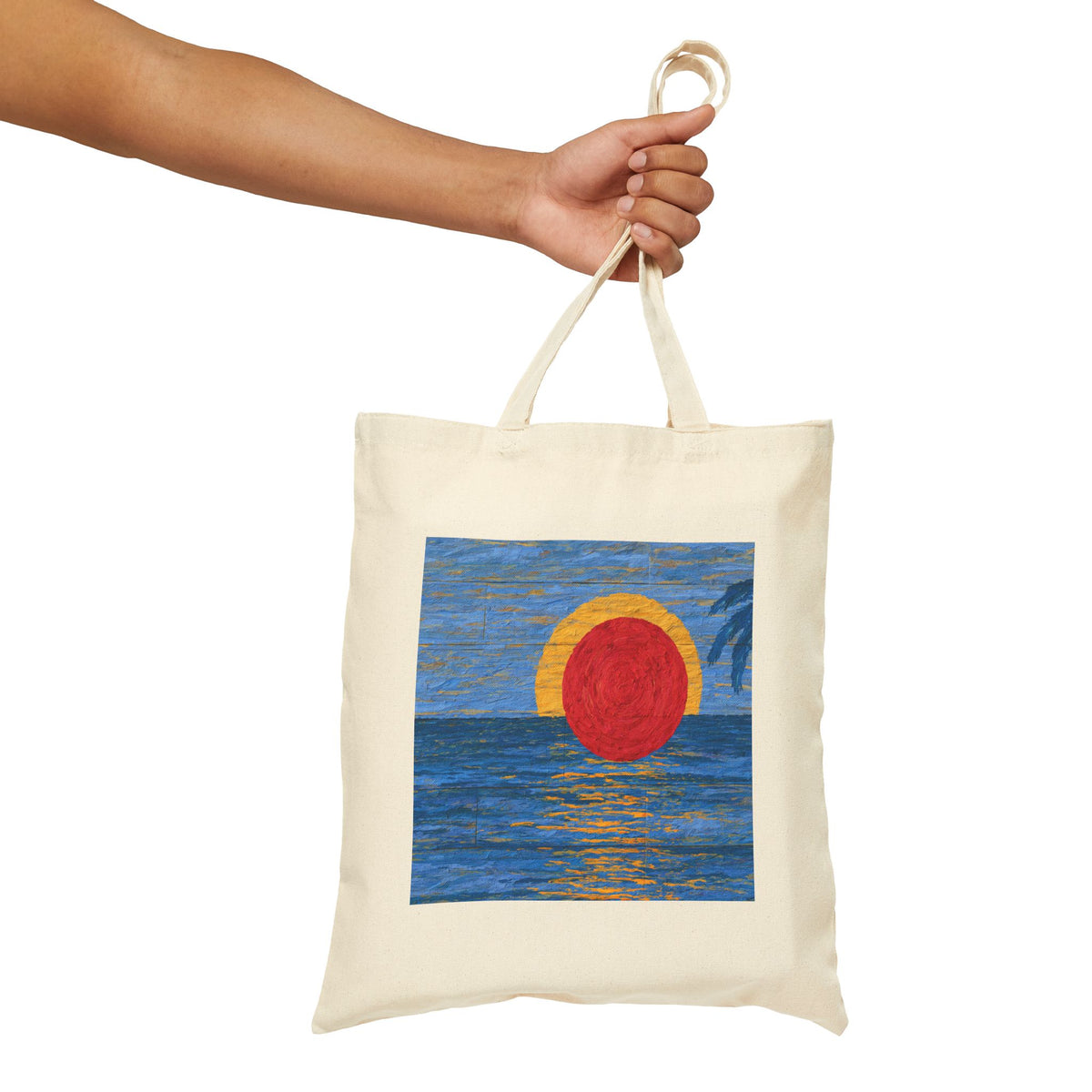 Coastal Sunset Wave Canvas Tote Bag, Tropical Beach Art Market Bag