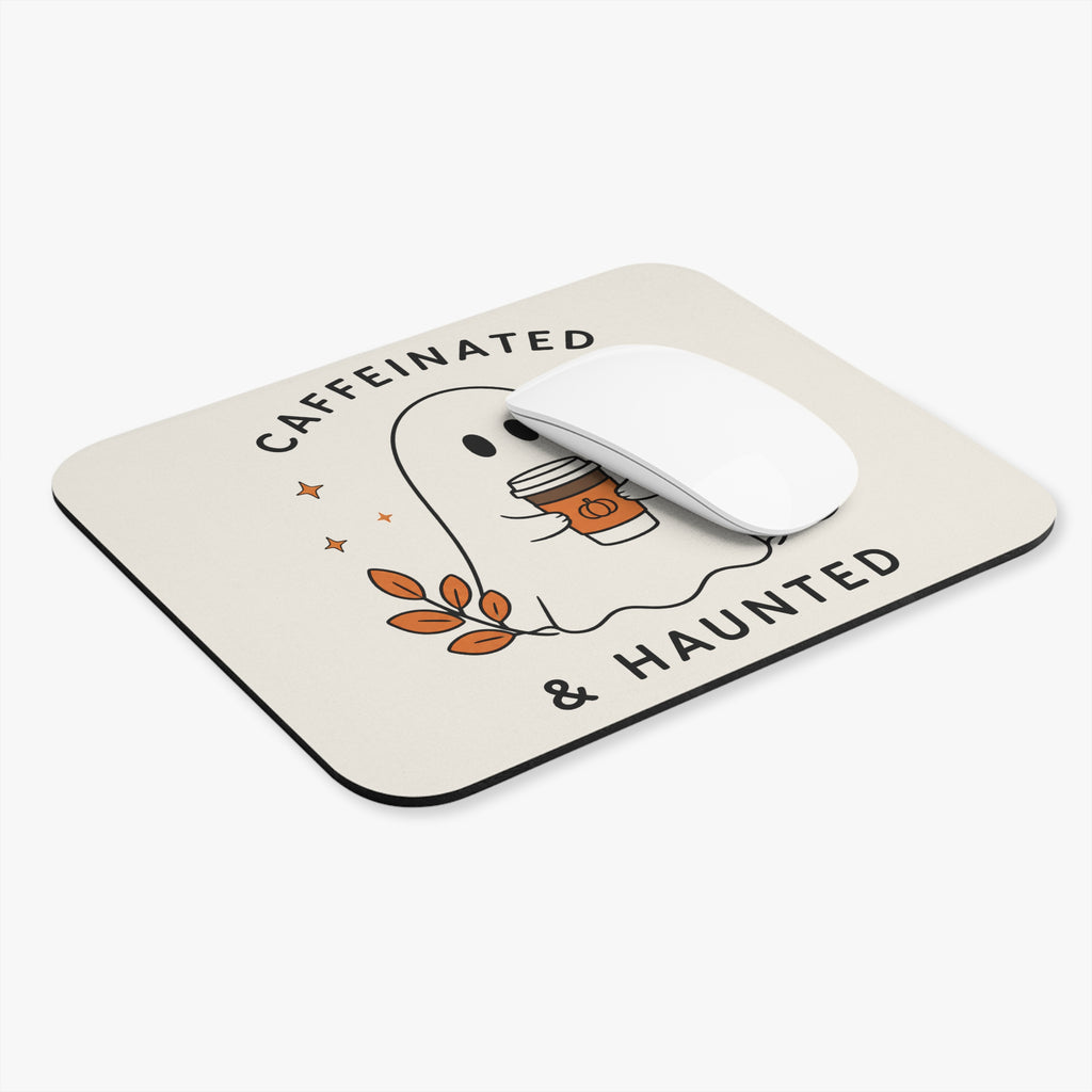 Caffeinated & Haunted Mouse Pad | Halloween Ghost Coffee Desk Mat