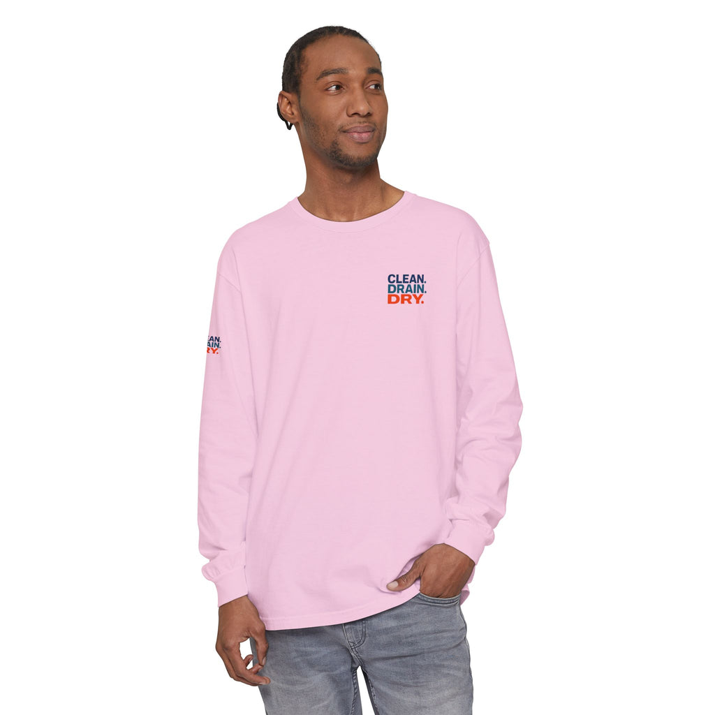 Long Sleeve Tee — "Clean. Drain. Dry." Lake Conservation Shirt