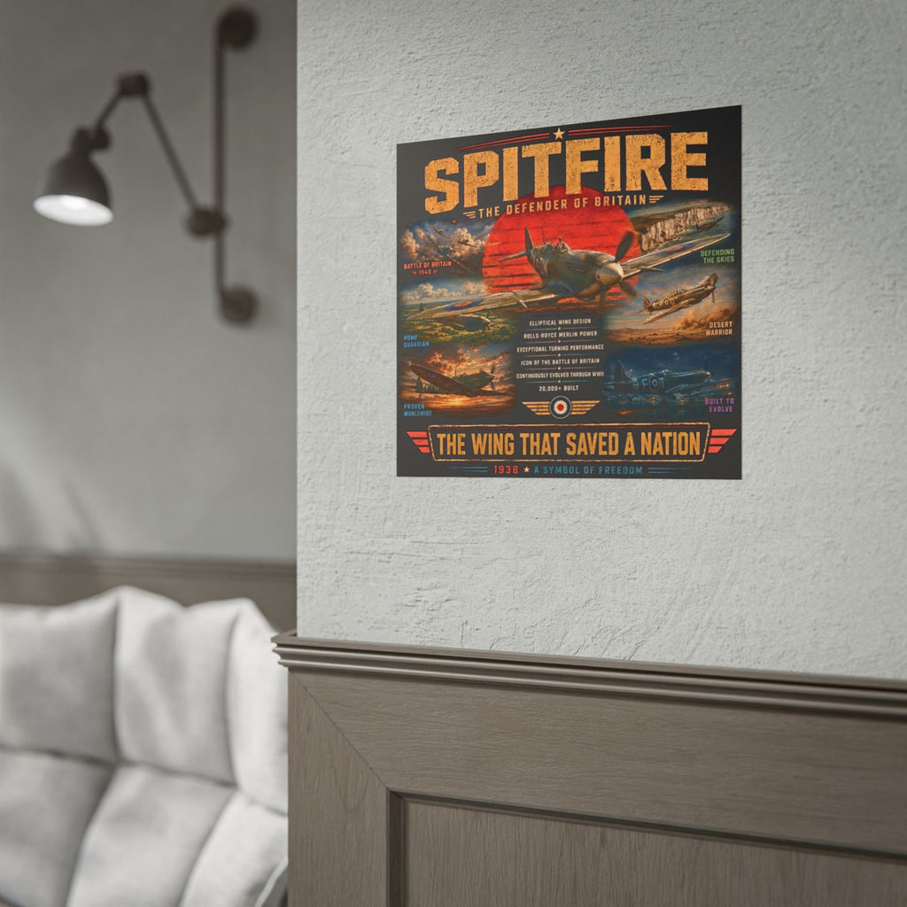 Supermarine Spitfire WWII Aviation Poster, British Fighter Plane Wall Art, Battle of Britain Print, RAF Pilot Gift, Flight Deck Decor