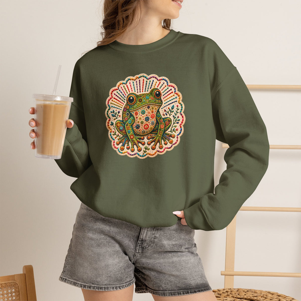 Colorful Folk Art Frog sweatshirt | Retro Floral Amphibian