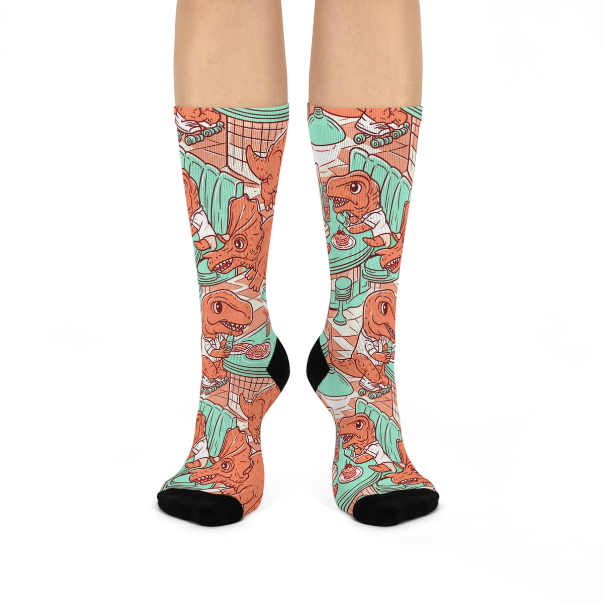 Retro Dinosaur Diner Crew Socks | Mint Coral Vintage Print