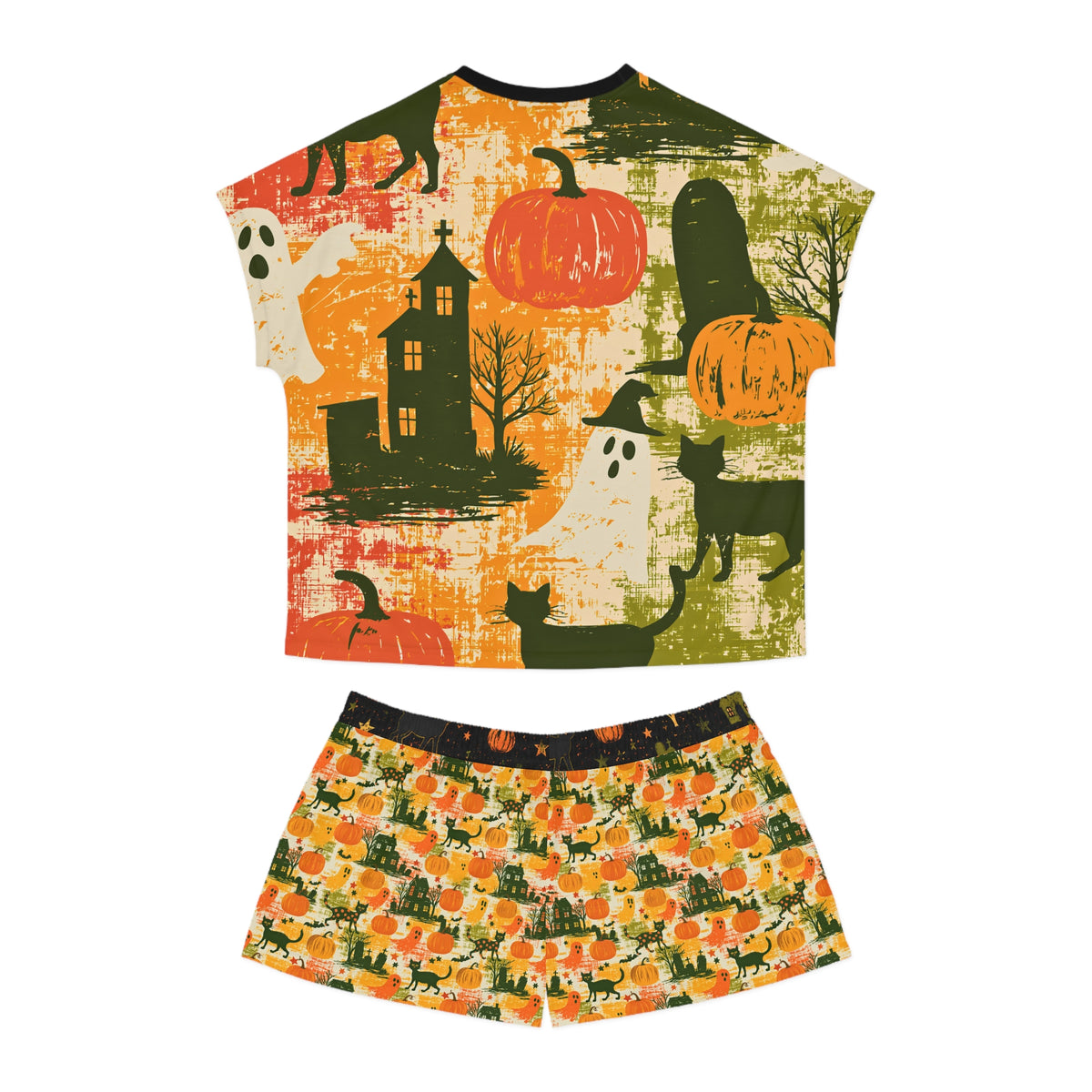 Halloween Pajama Set for Women | Vintage Ghost Pumpkin Cat PJs | Spooky Sleepover Shorts Set | Halloween Slumber Party