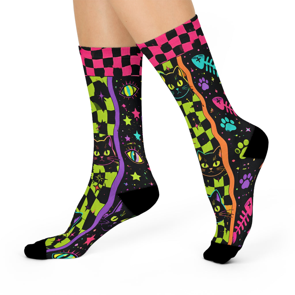 Neon Checkerboard Black Cat Crew Socks | Colorful Cat Pattern