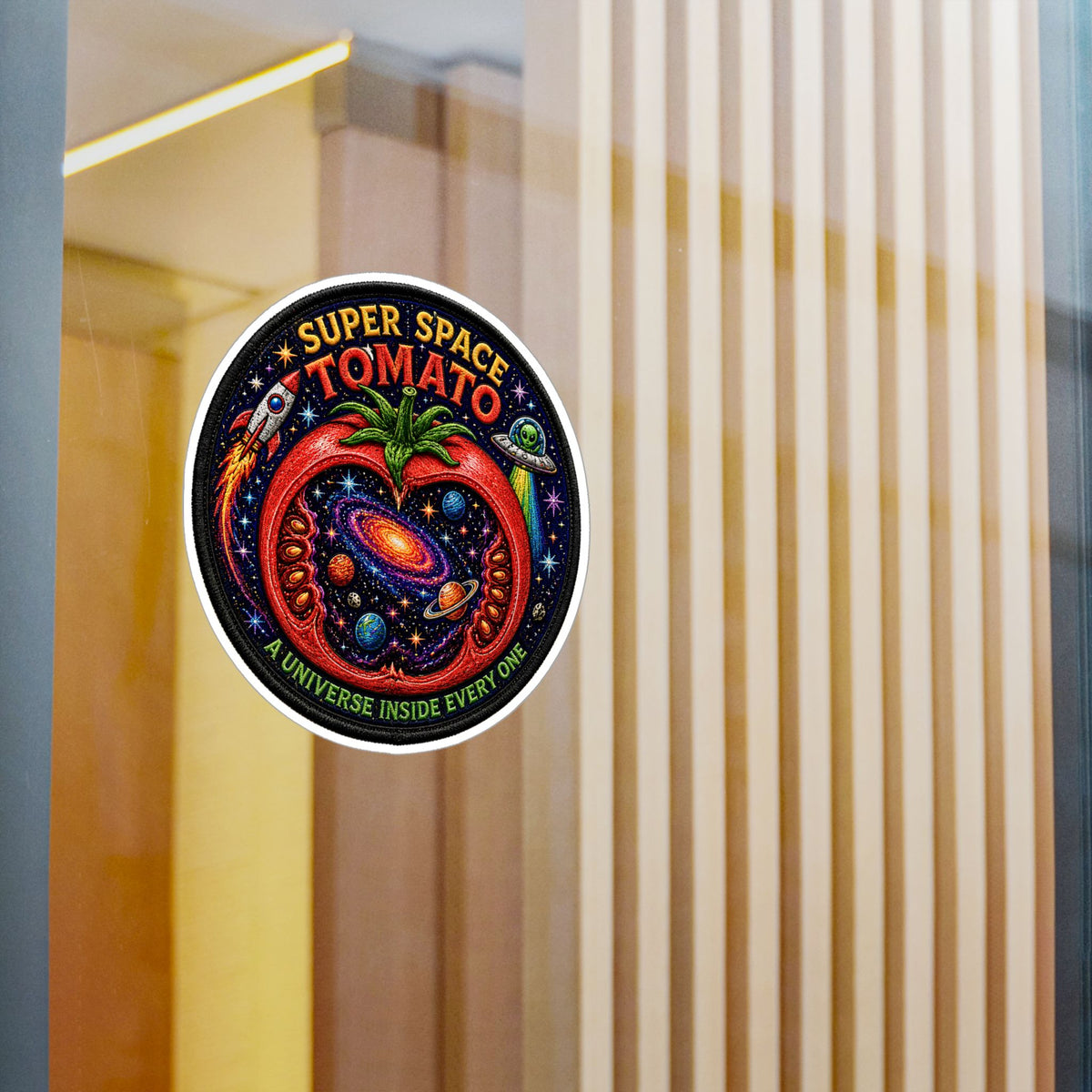 Super Space Tomato Sticker, Cosmic Patch Decal, Retro Galaxy Vinyl, Funny Space Food Art, Psychedelic Sci Fi