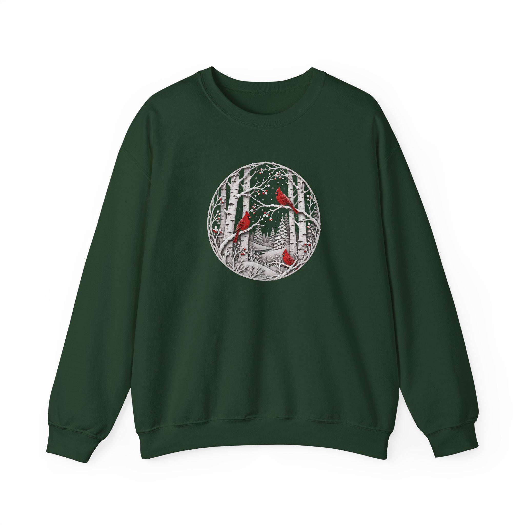 Winter Cardinal Birch Tree Sweatshirt, Snowy Nature Crewneck, Cozy Bird Apparel