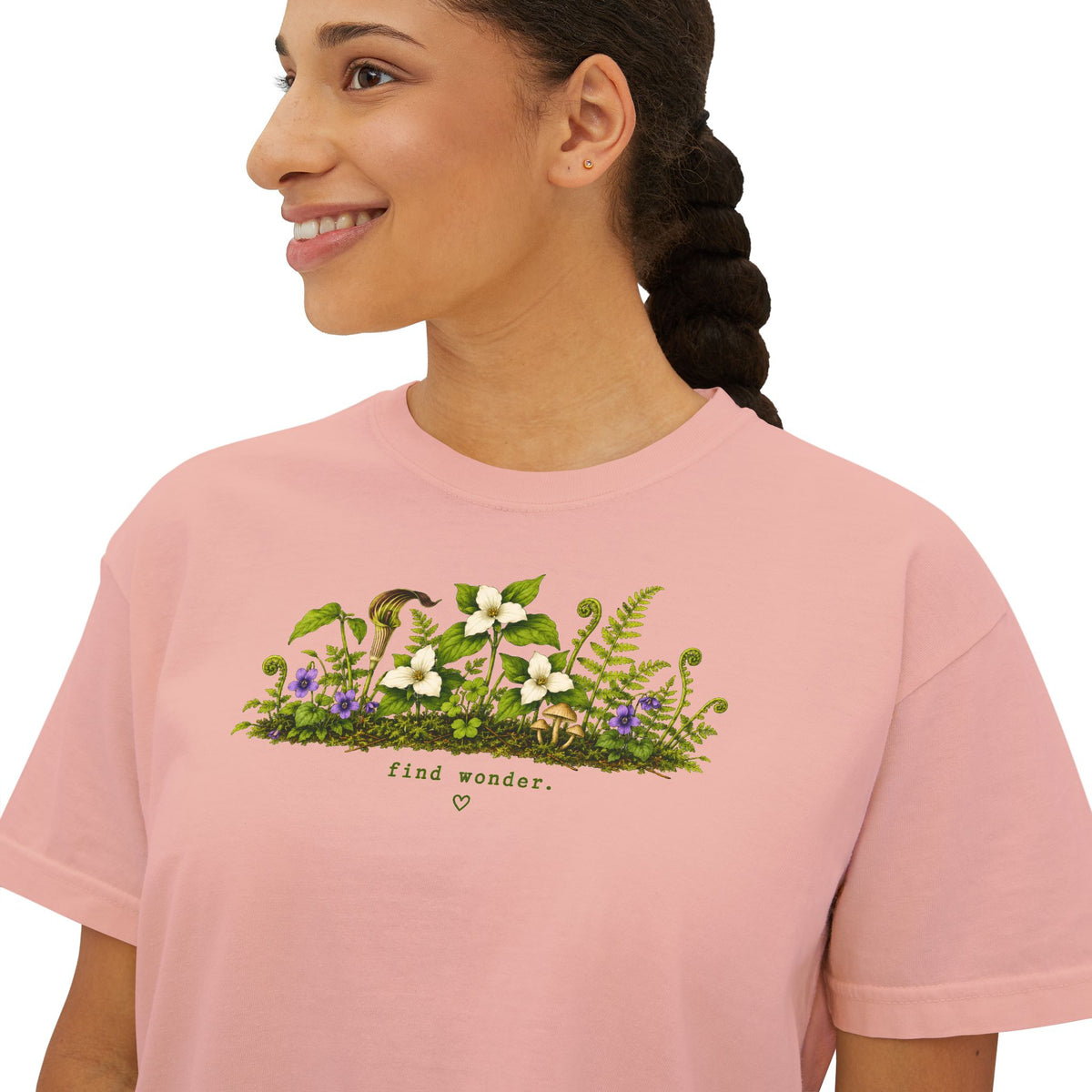 Find Wonder Boxy Tee | Woodland Wildflower Shirt | Cottagecore Mushroom Graphic Tee | Women's Relaxed Cropped Nature Shirt