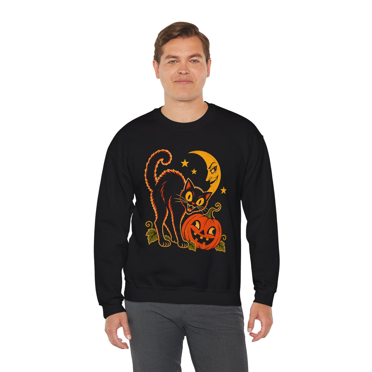 Vintage Halloween Black Cat Sweatshirt, Retro Pumpkin Moon Crewneck, Weird Spooky Cat Gildan 18000 Halloween Sweater