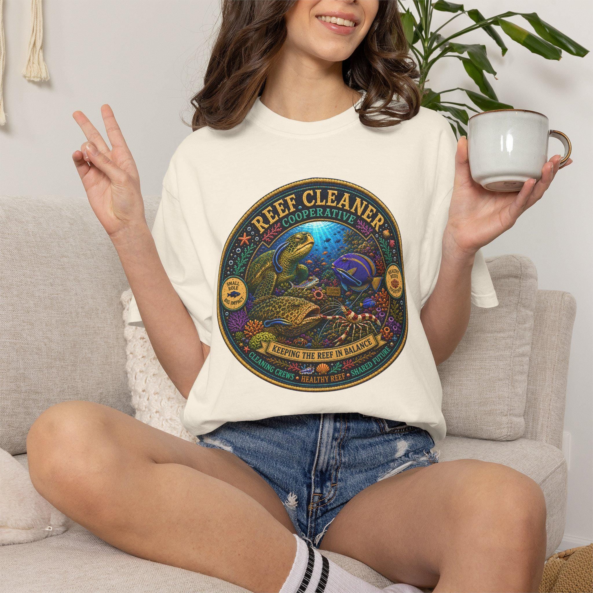 Reef Cleaner Badge T-shirt | Sea Turtle & Coral Conservation Graphic