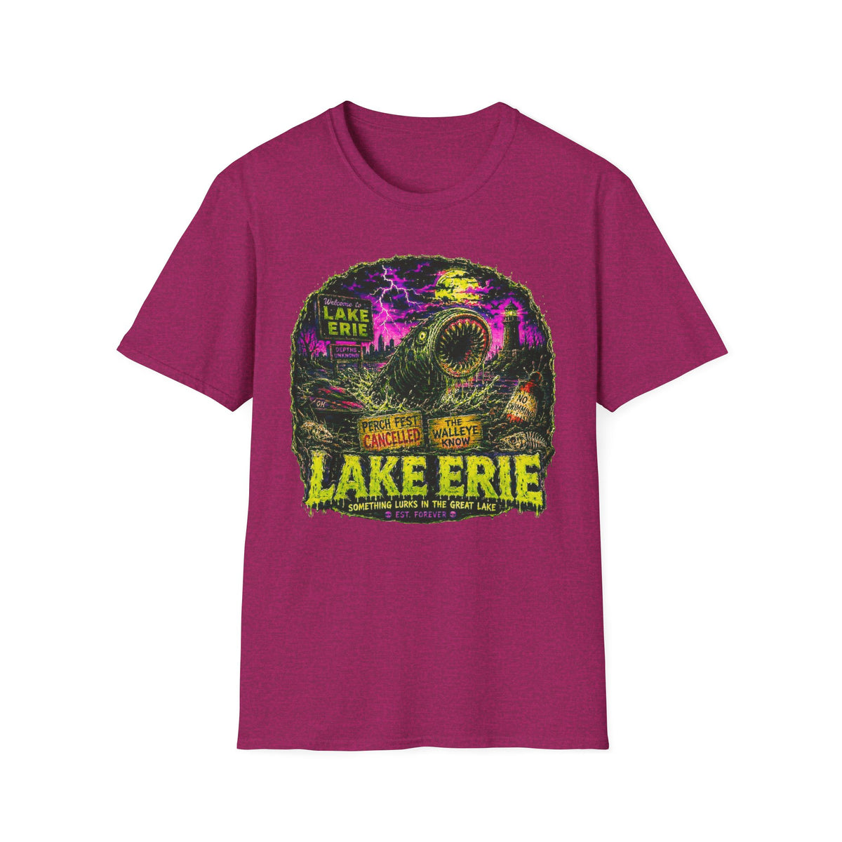 Lake Erie Cryptid Horror Graphic, Midwest Gothic Monster Apparel, Walleye Know Retro Tourism Design, Analog Horror Streetwear