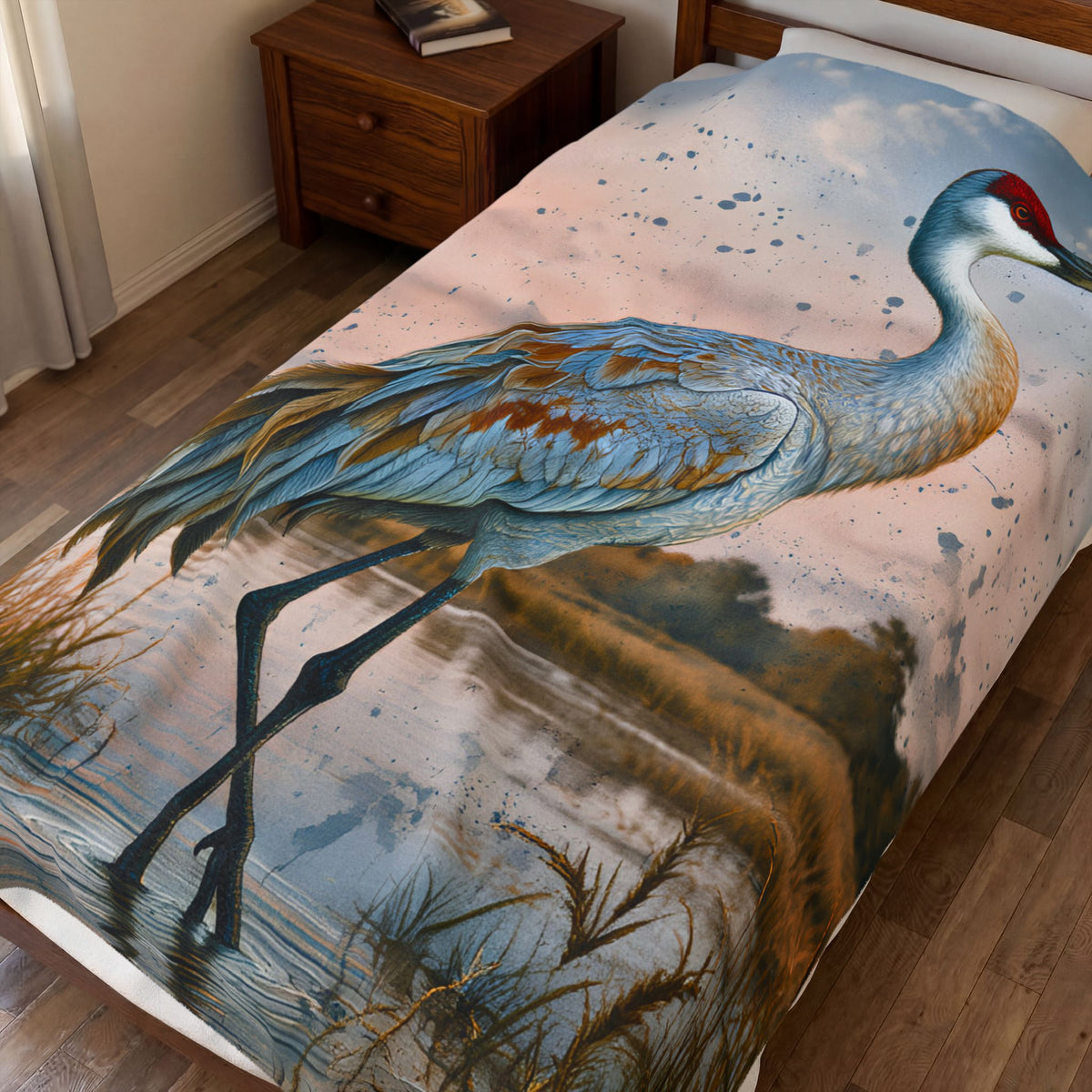 Sandhill Crane Art Velveteen Plush Blanket | Watercolor Marsh Bird Illustration