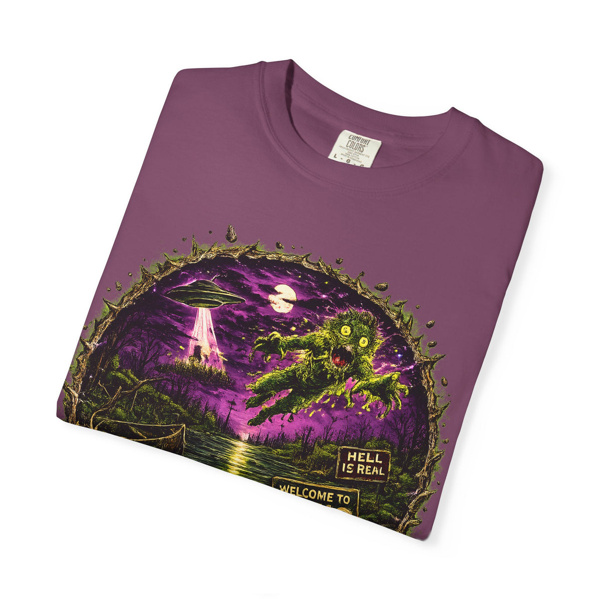 Ohio Horror Shirt, Lake Erie Monster Graphic, Cryptid UFO Horror Tee, Midwest Gothic Alien Swamp Design, Retro Halloween Unisex Garment Dyed