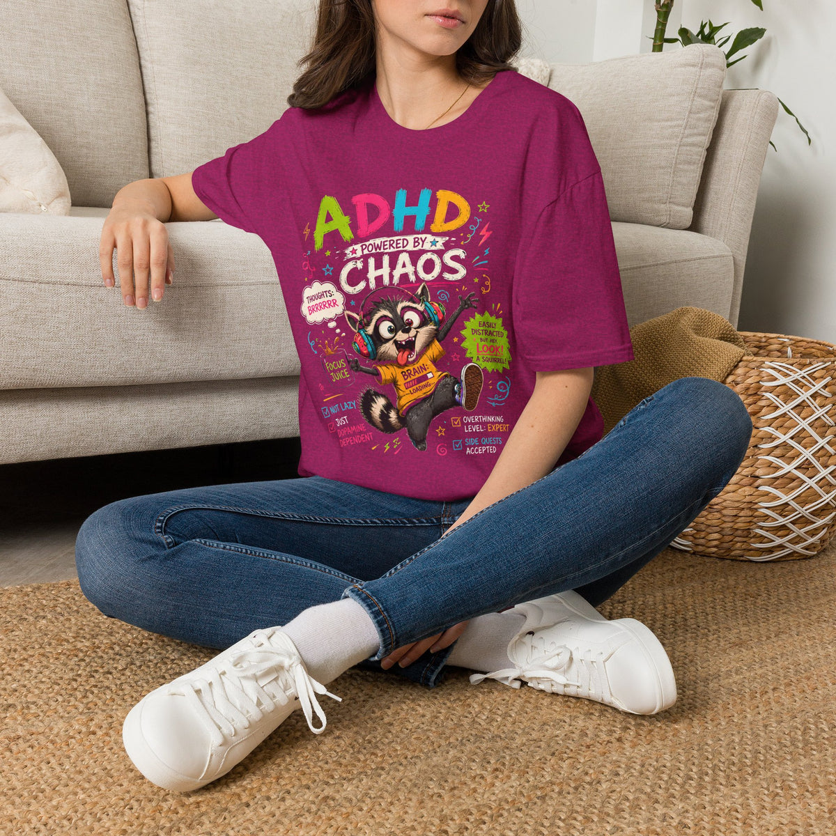 Funny ADHD Shirt for Adults, ADHD Raccoon Tee, Neurodivergent Gift, ADHD Humor Graphic Shirt, Powered by Chaos Tee